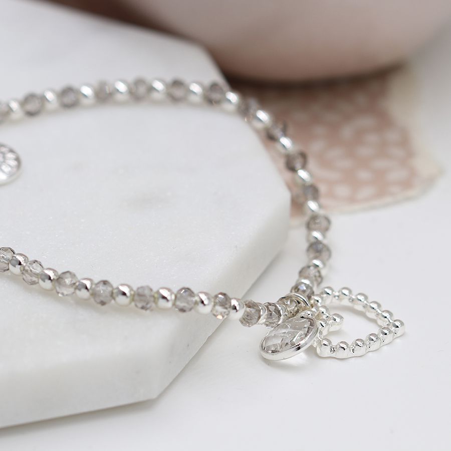 Silver & Grey Bracelet with Crystal and Heart Charms