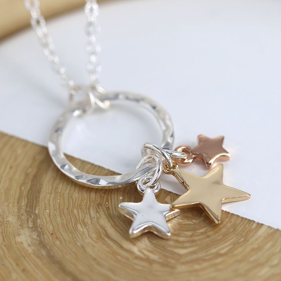 Silver Necklace with Triple Stars & Hammered Hoop