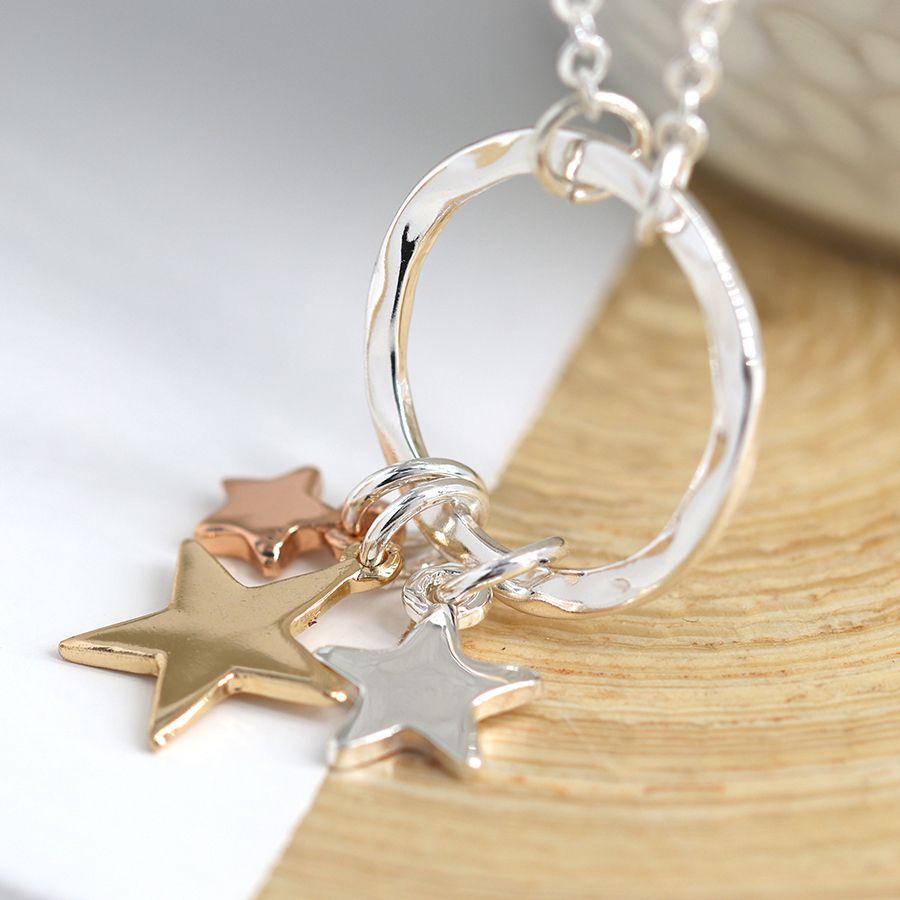 Silver Necklace with Triple Stars & Hammered Hoop