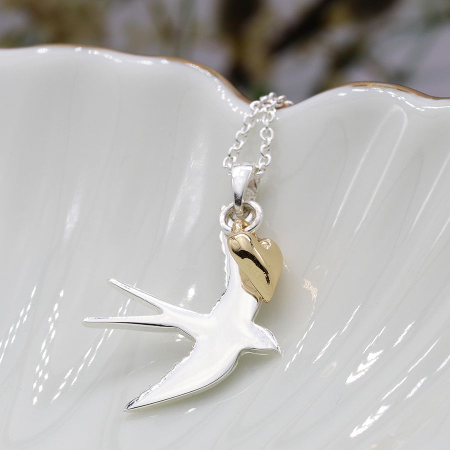 Silver Swallow Necklace with Gold Heart