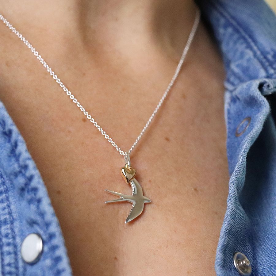 Silver Swallow Necklace with Gold Heart