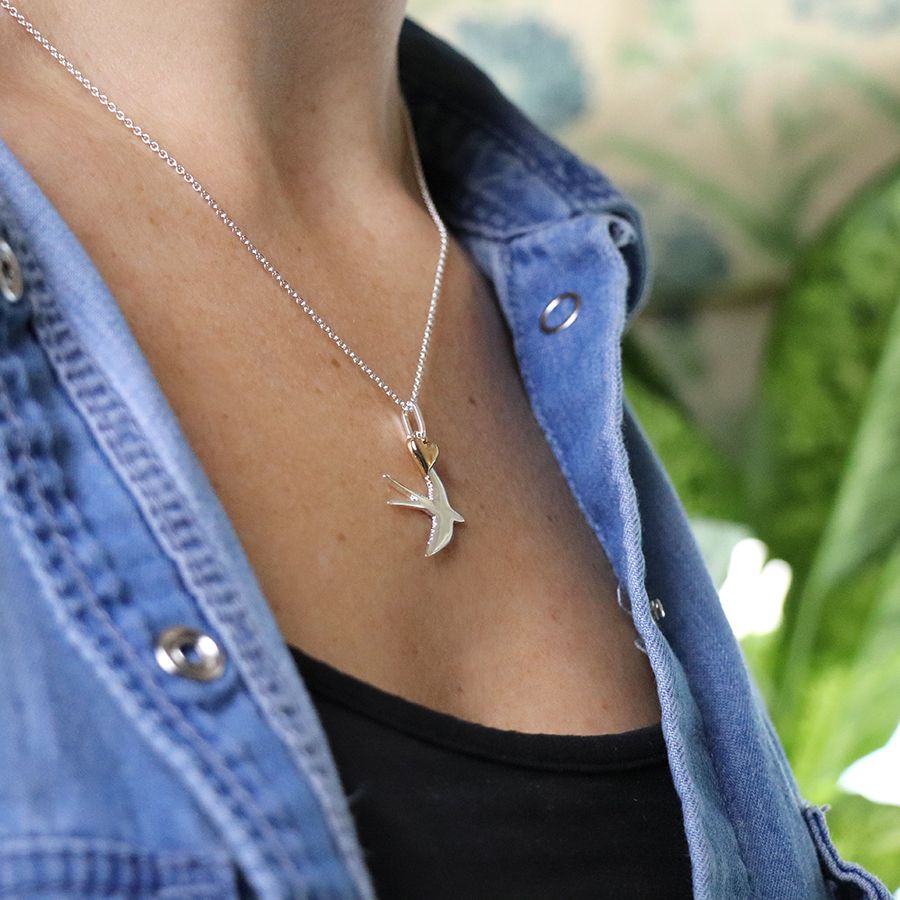 Silver Swallow Necklace with Gold Heart