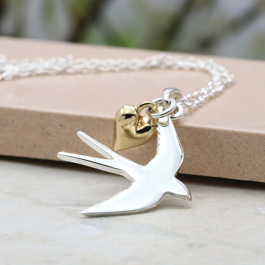 Silver Swallow Necklace with Gold Heart