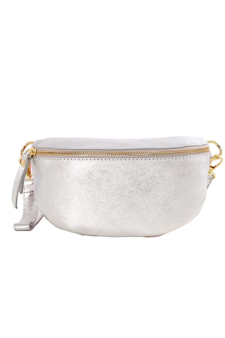 Leather Crossbody Crescent Bag in Metallic Silver