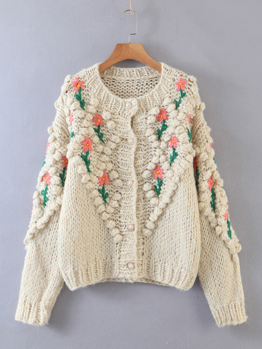 Hand Knitted Cardi with Embroidered Flowers