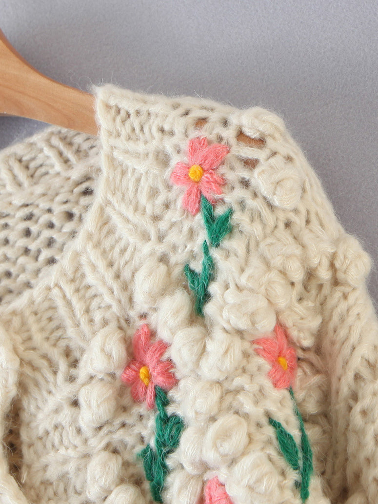 Hand Knitted Cardi with Embroidered Flowers