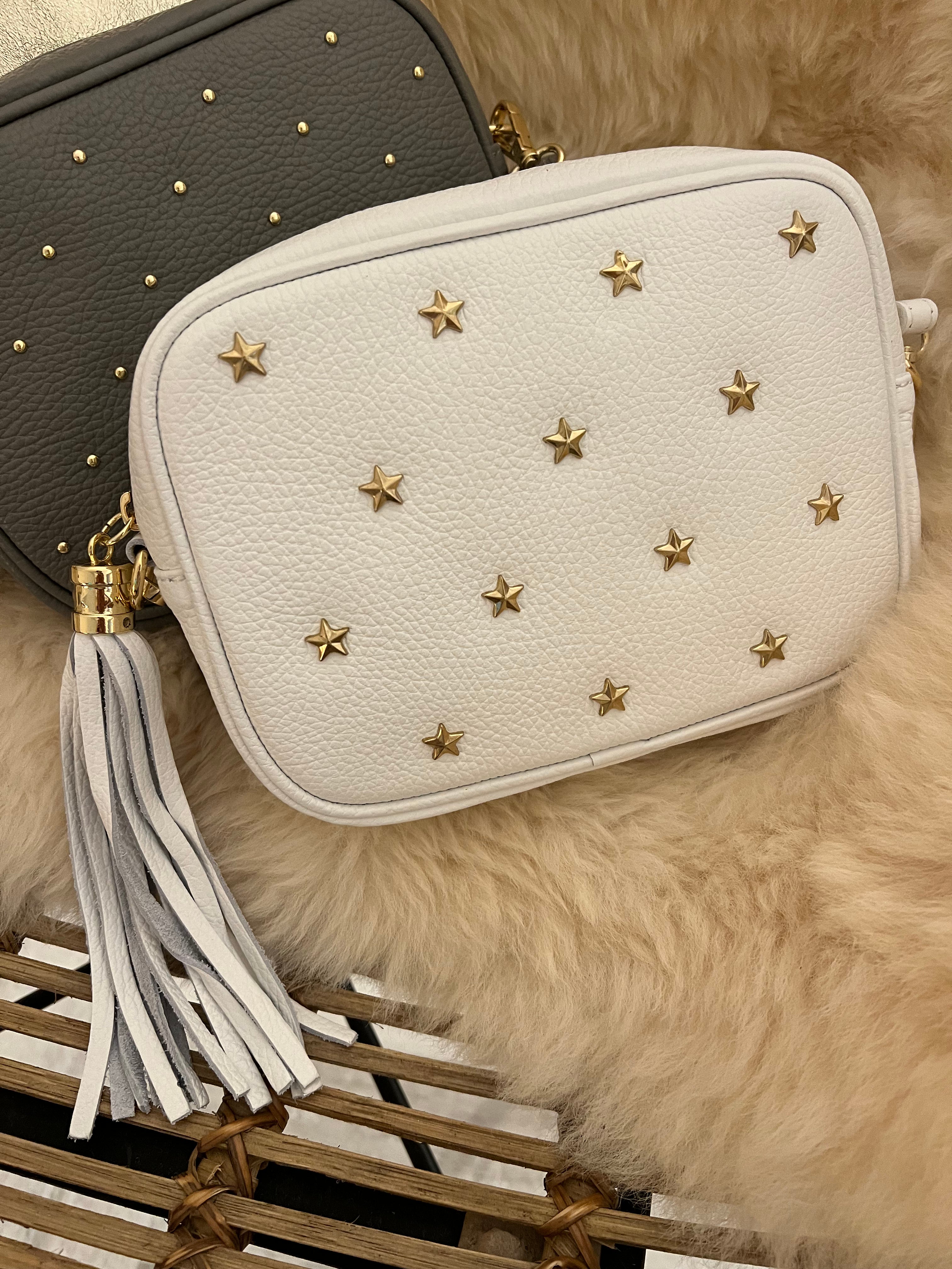 Leather Star Studded Crossbody Bag in White