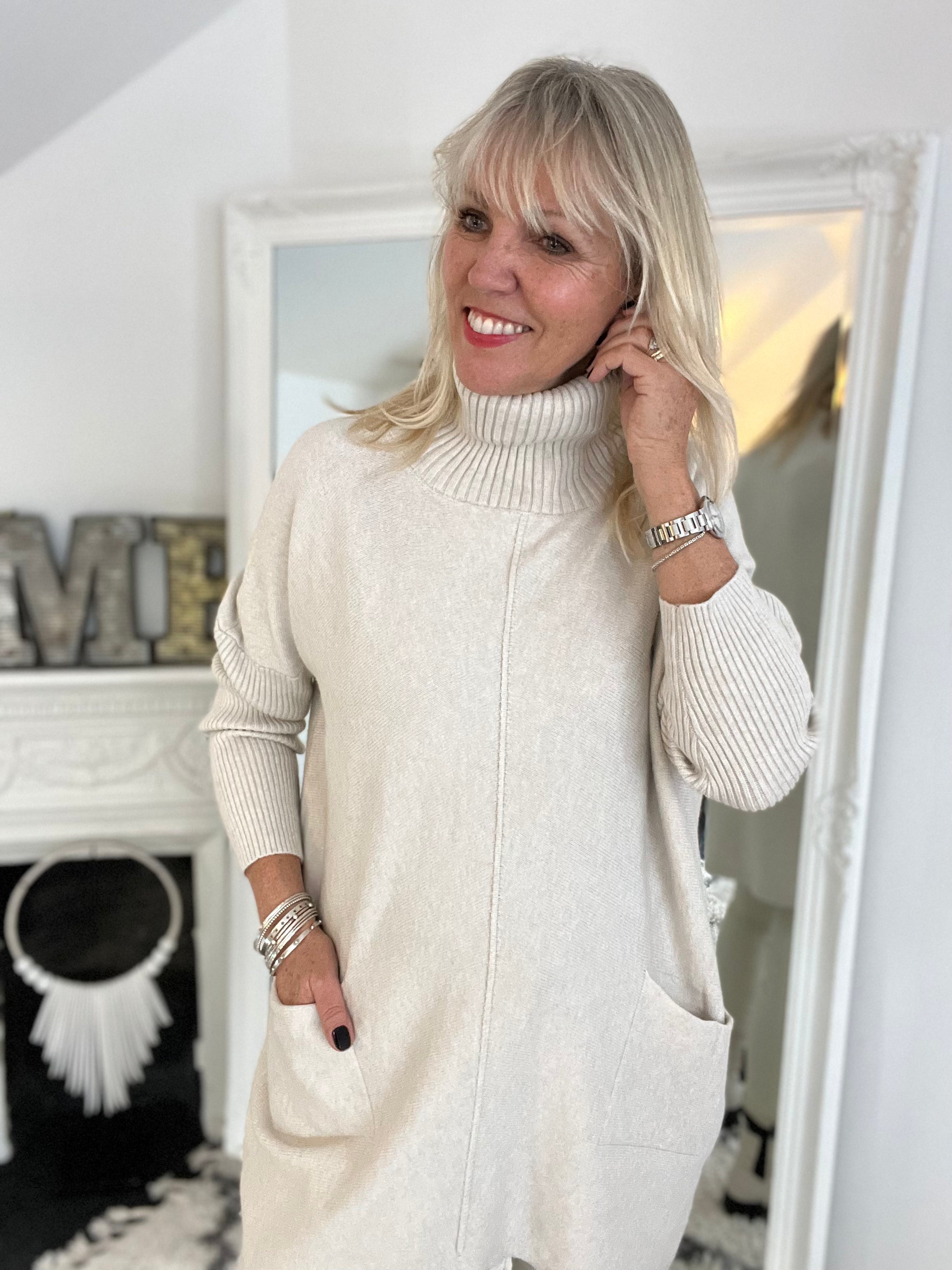 Roll Neck & Pocket Jumper in Warm Stone