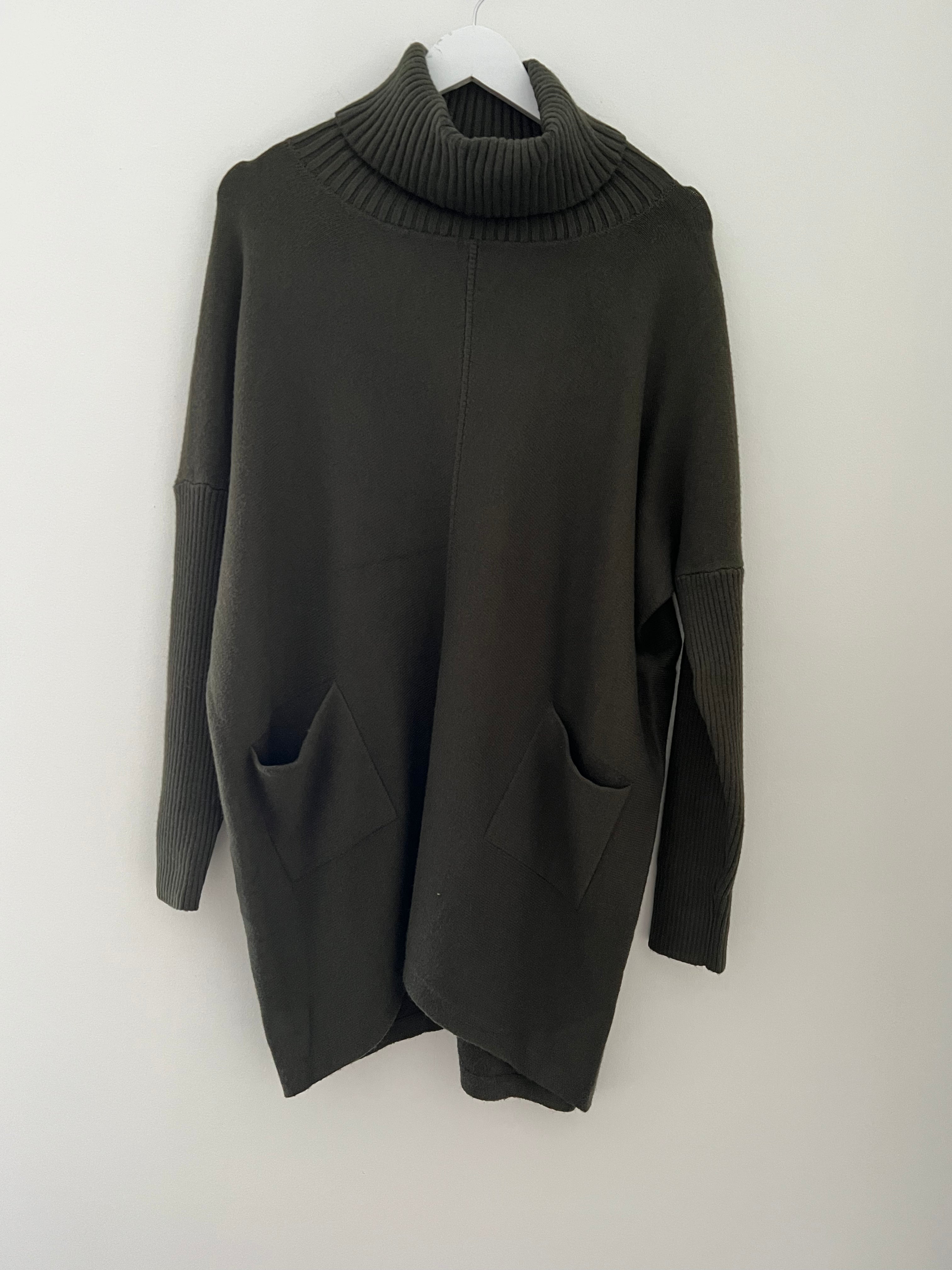 Roll Neck & Pocket Jumper in Dark Khaki