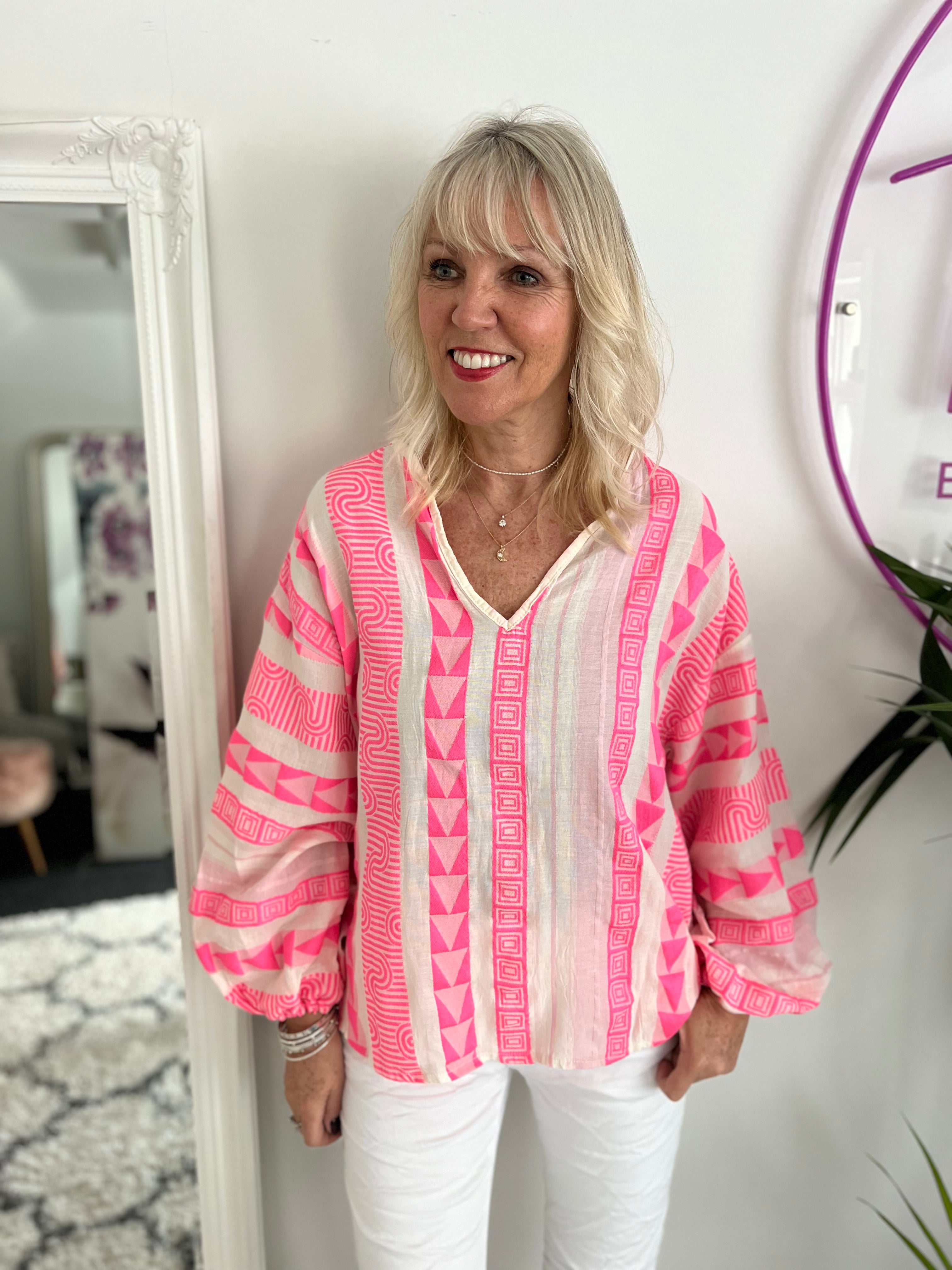 Embroidered Blouse in Pink & Ivory