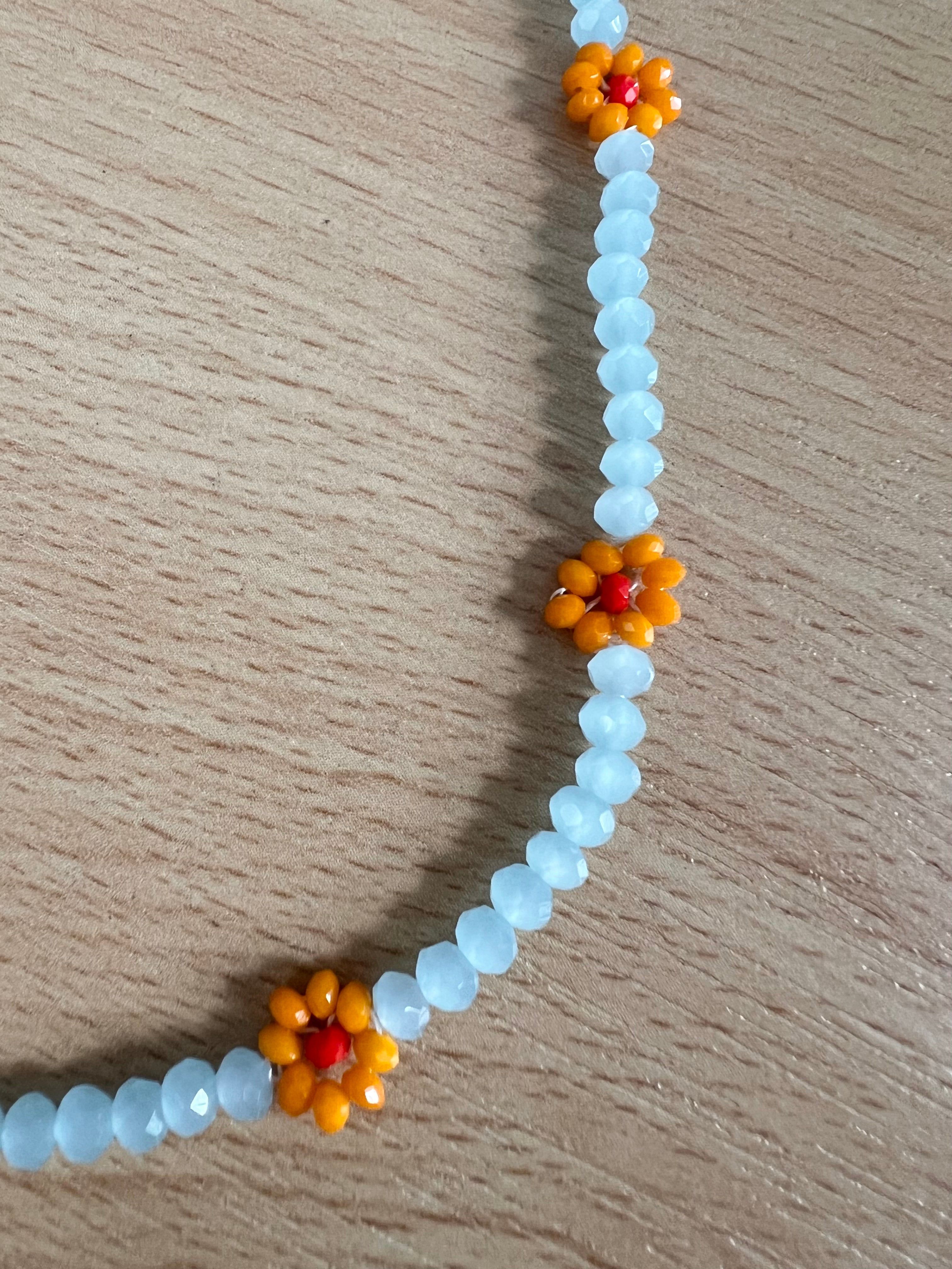 Daisy Beaded Necklace in Aqua and Orange
