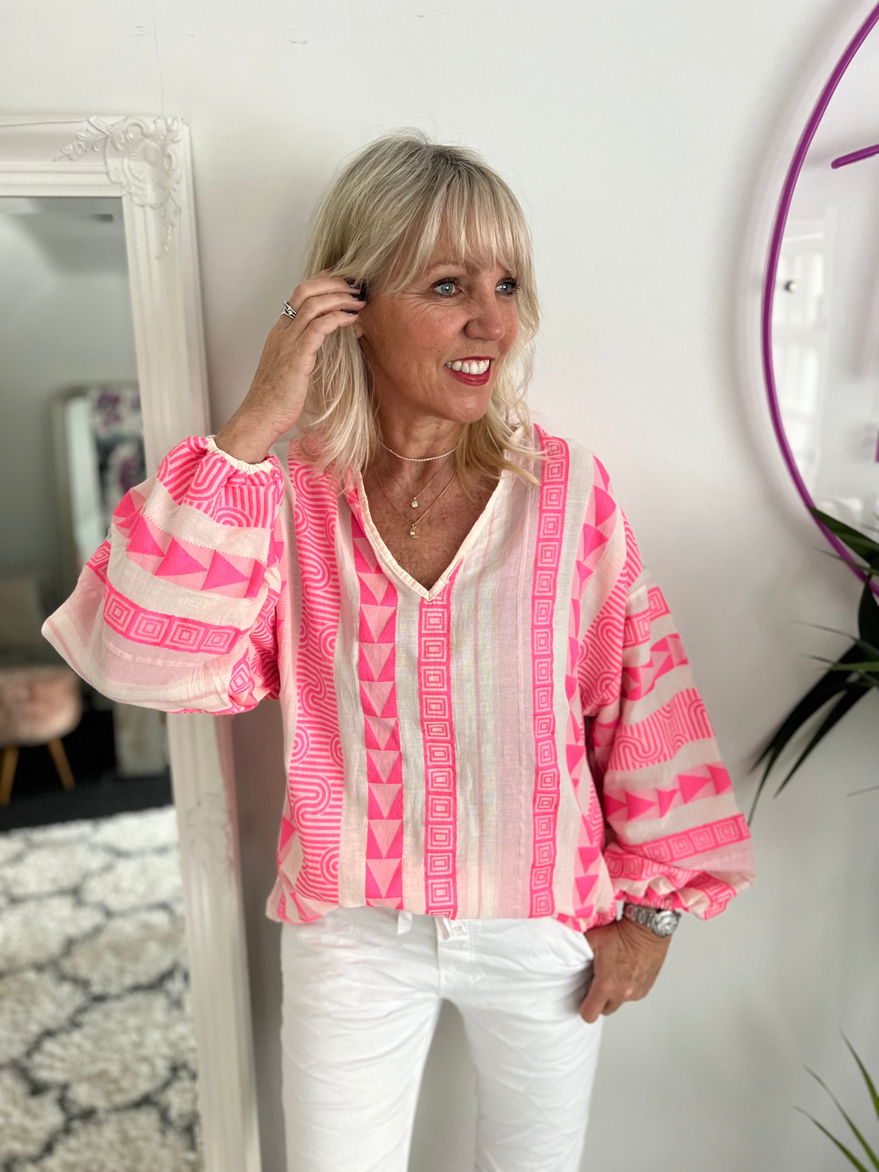 Embroidered Blouse in Pink & Ivory