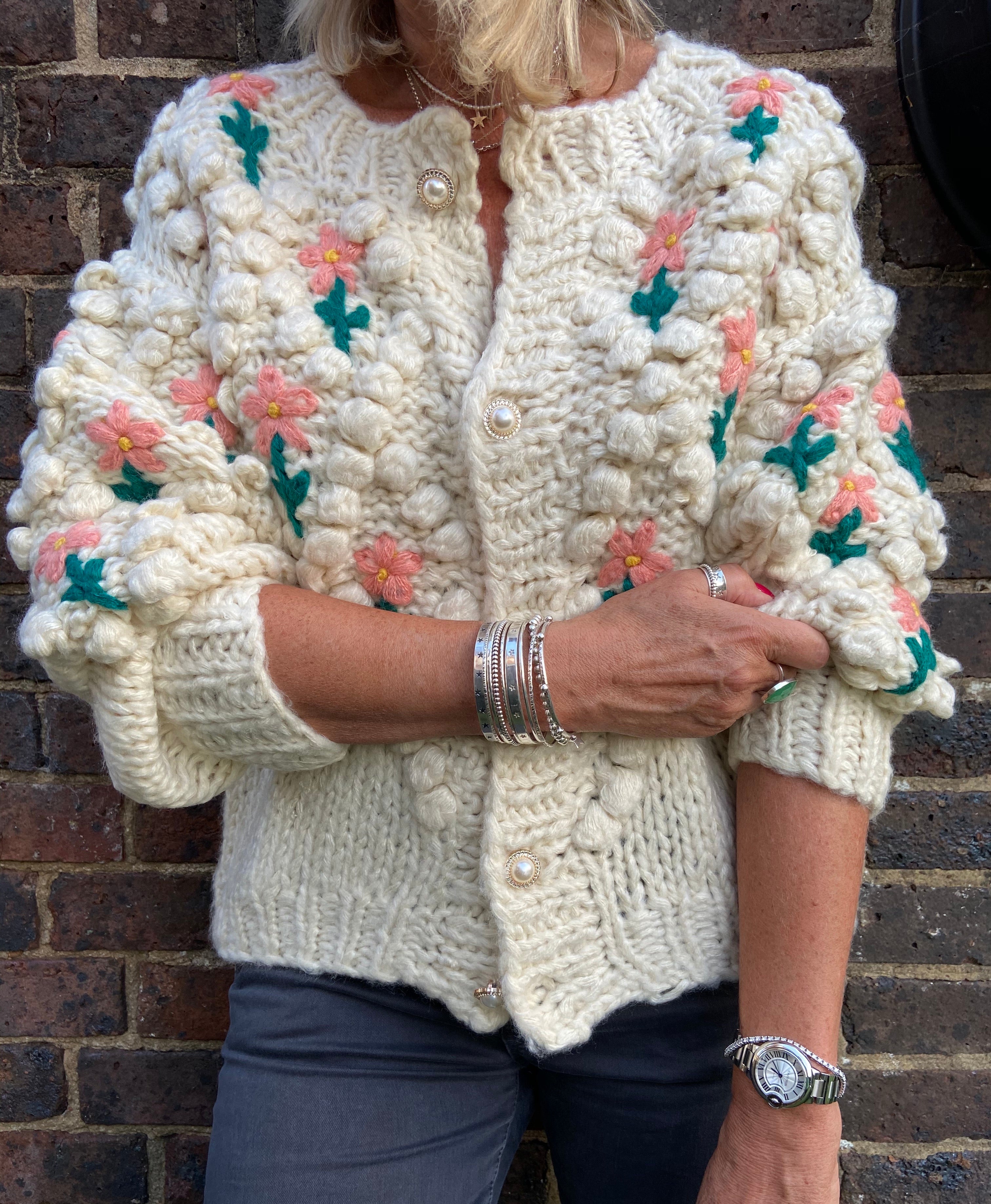 Hand Knitted Cardi with Embroidered Flowers