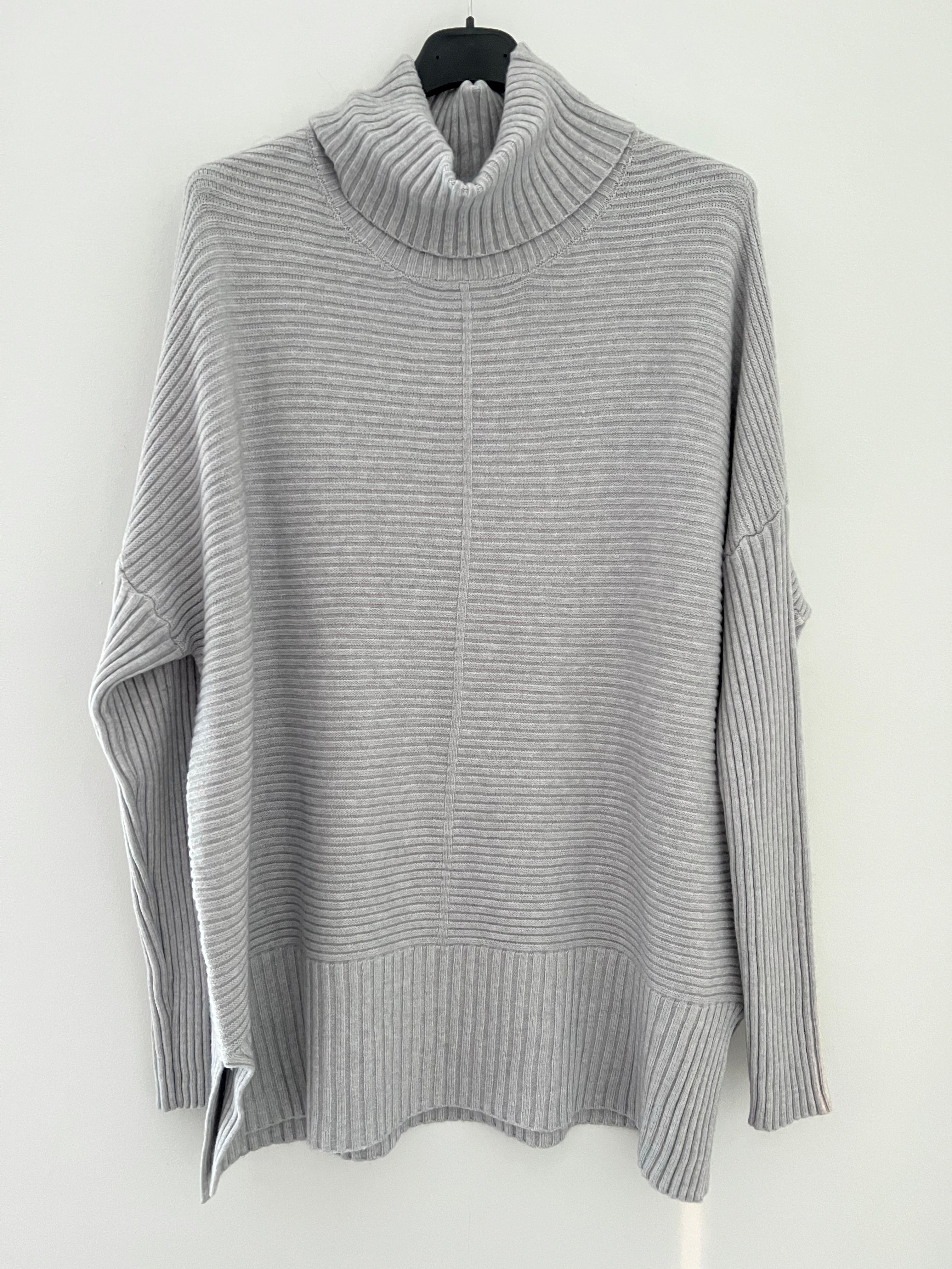 Ribbed Roll Neck Poncho Jumper in Silver Grey