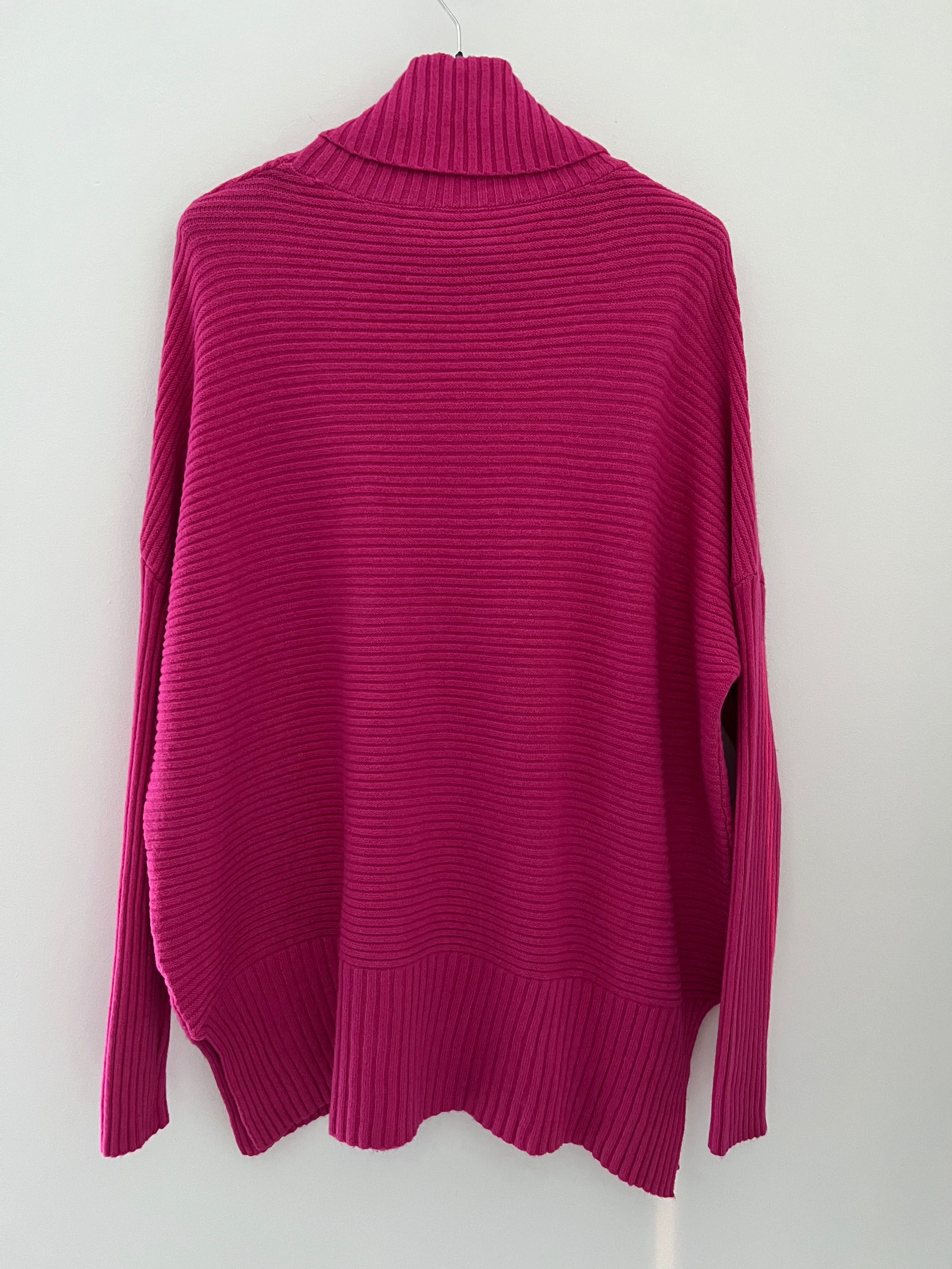 Ribbed Roll Neck Poncho Jumper in Fuchsia