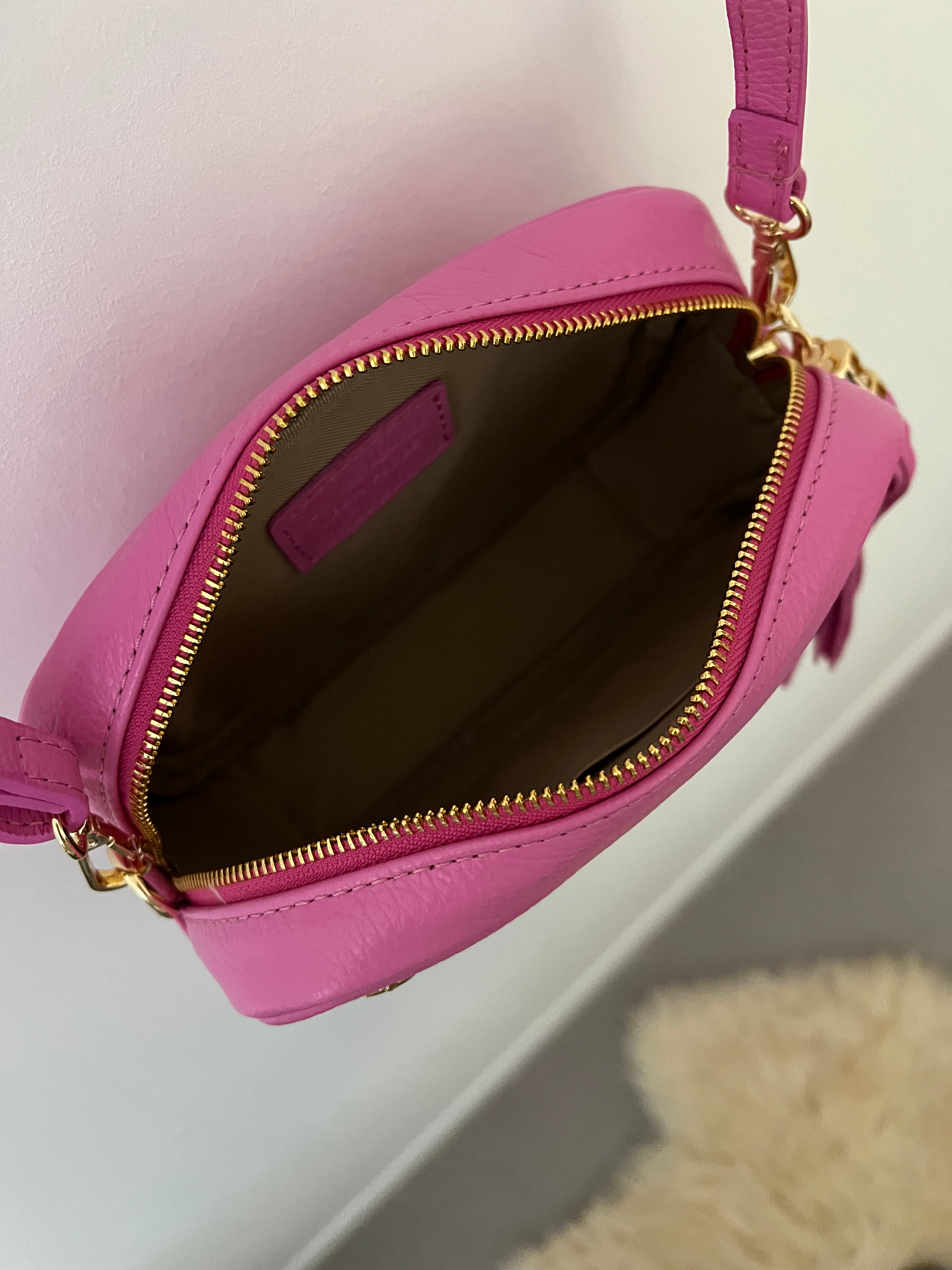 Leather Studded Crossbody Bag in Hot Pink