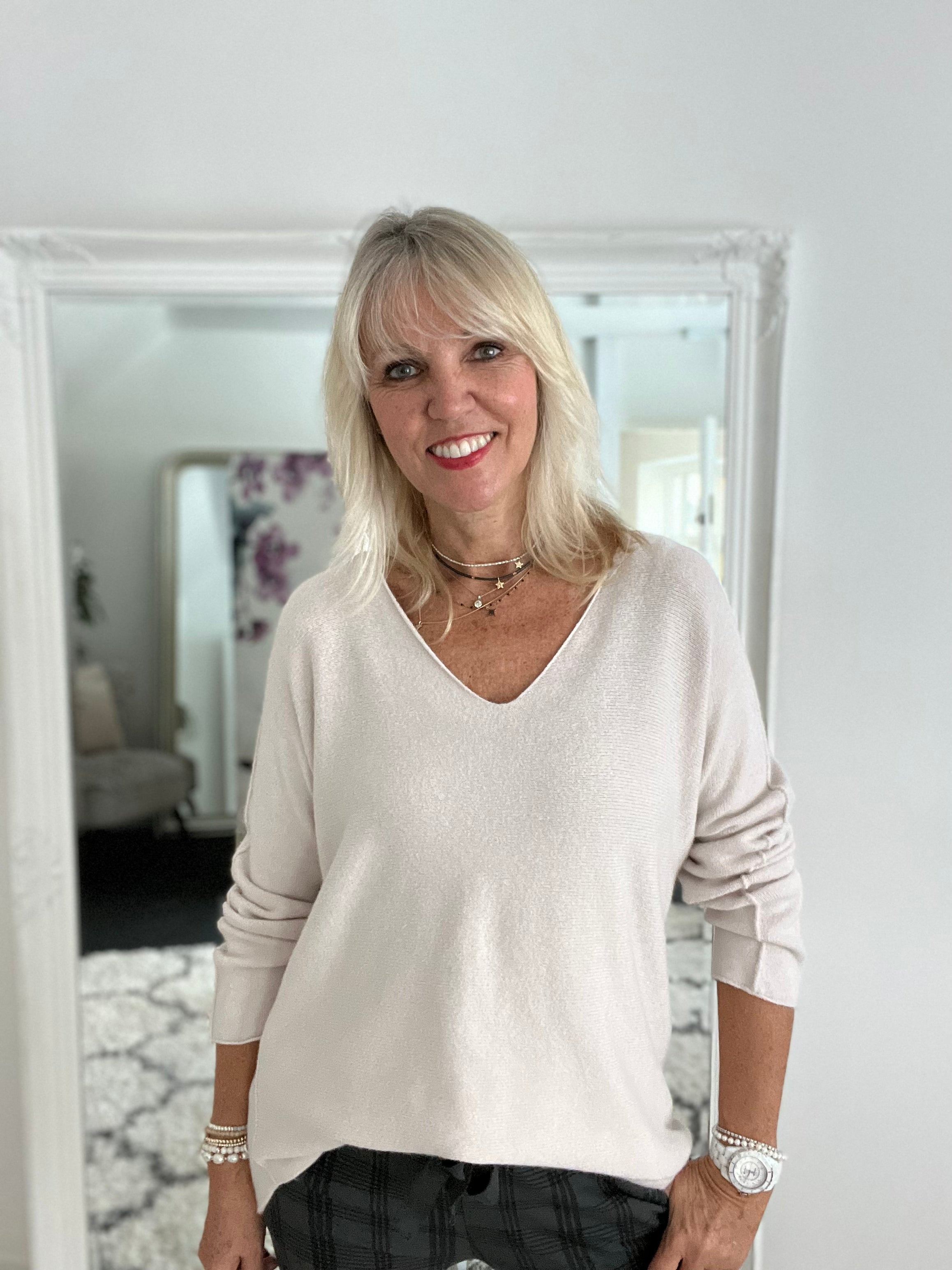 Simple V Neck Jumper in Stone