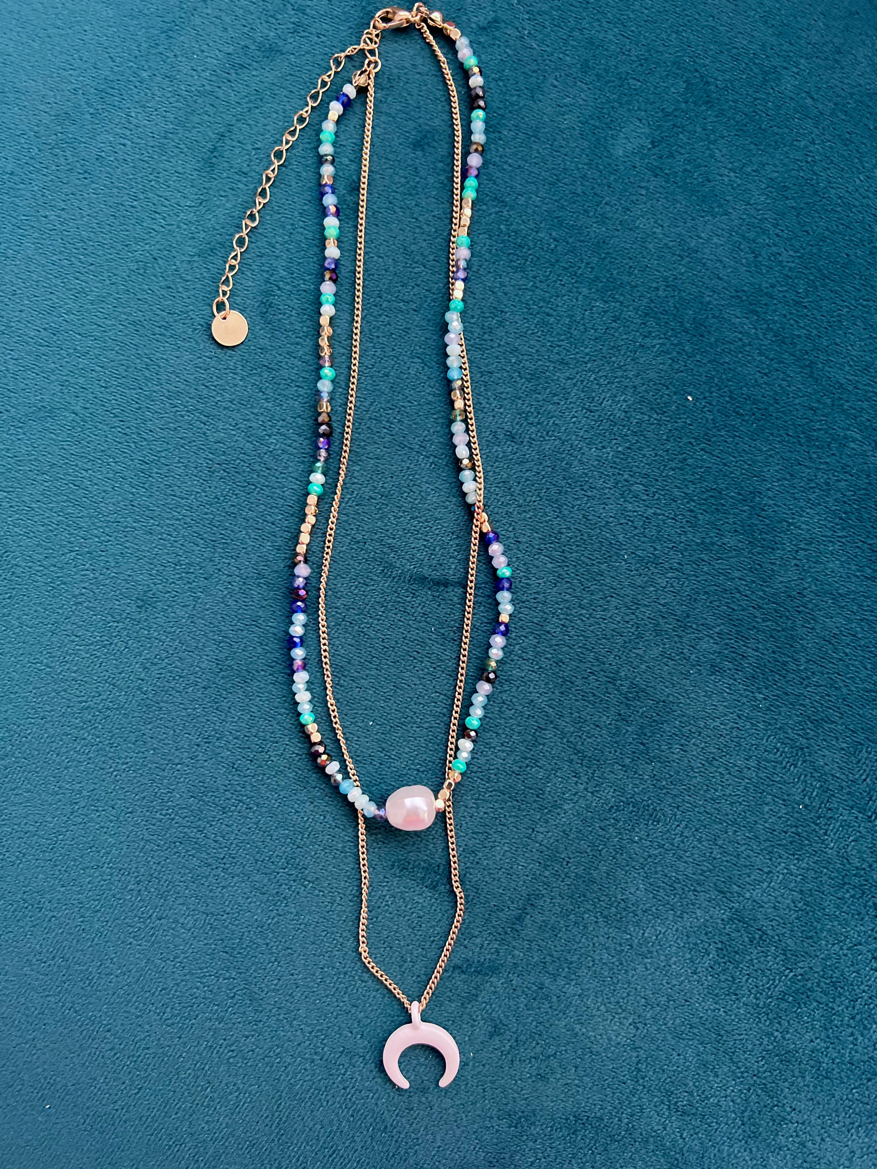 Two Layer Bead Necklace with Pendants in Blue