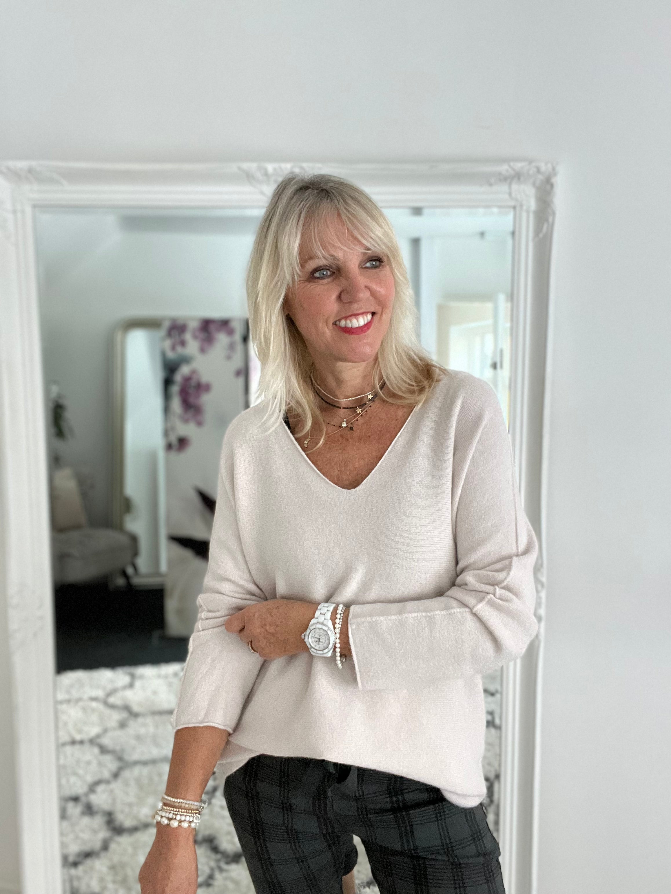 Simple V Neck Jumper in Stone