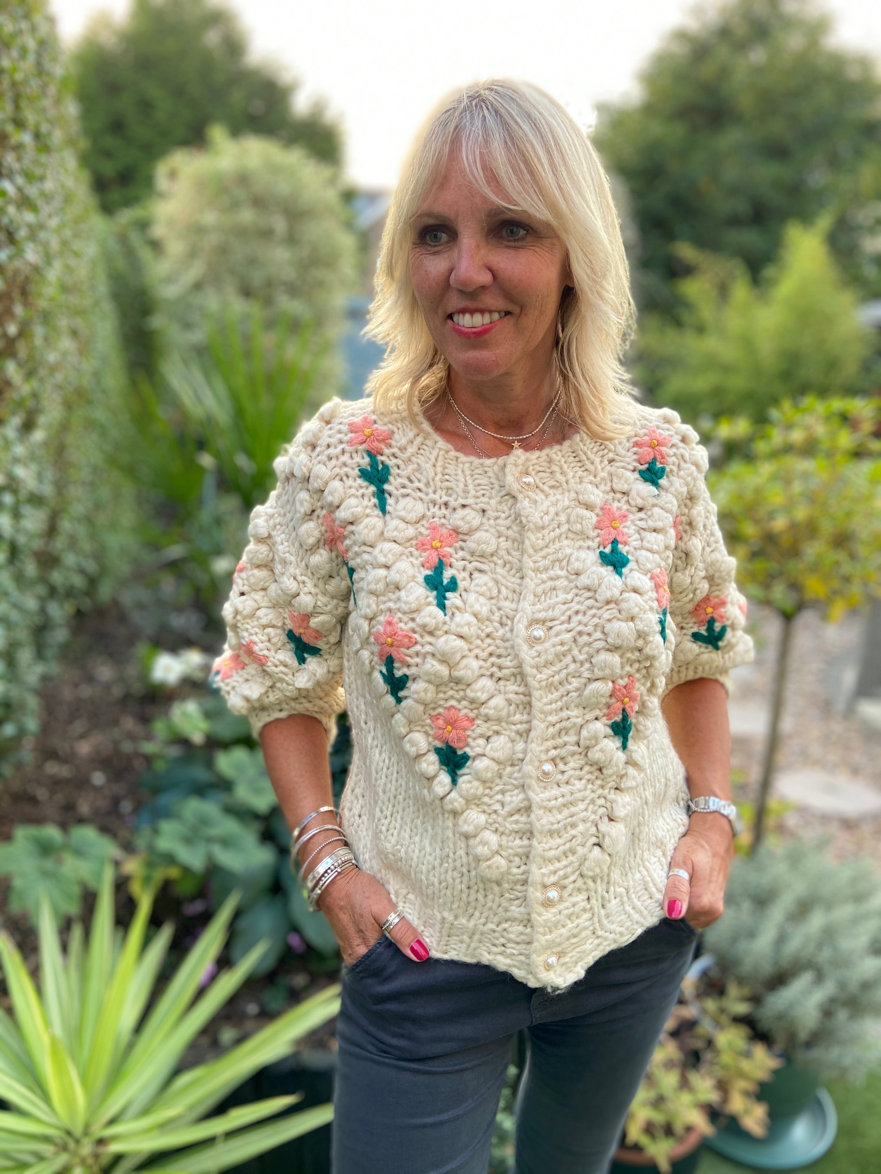 Hand Knitted Cardi with Embroidered Flowers