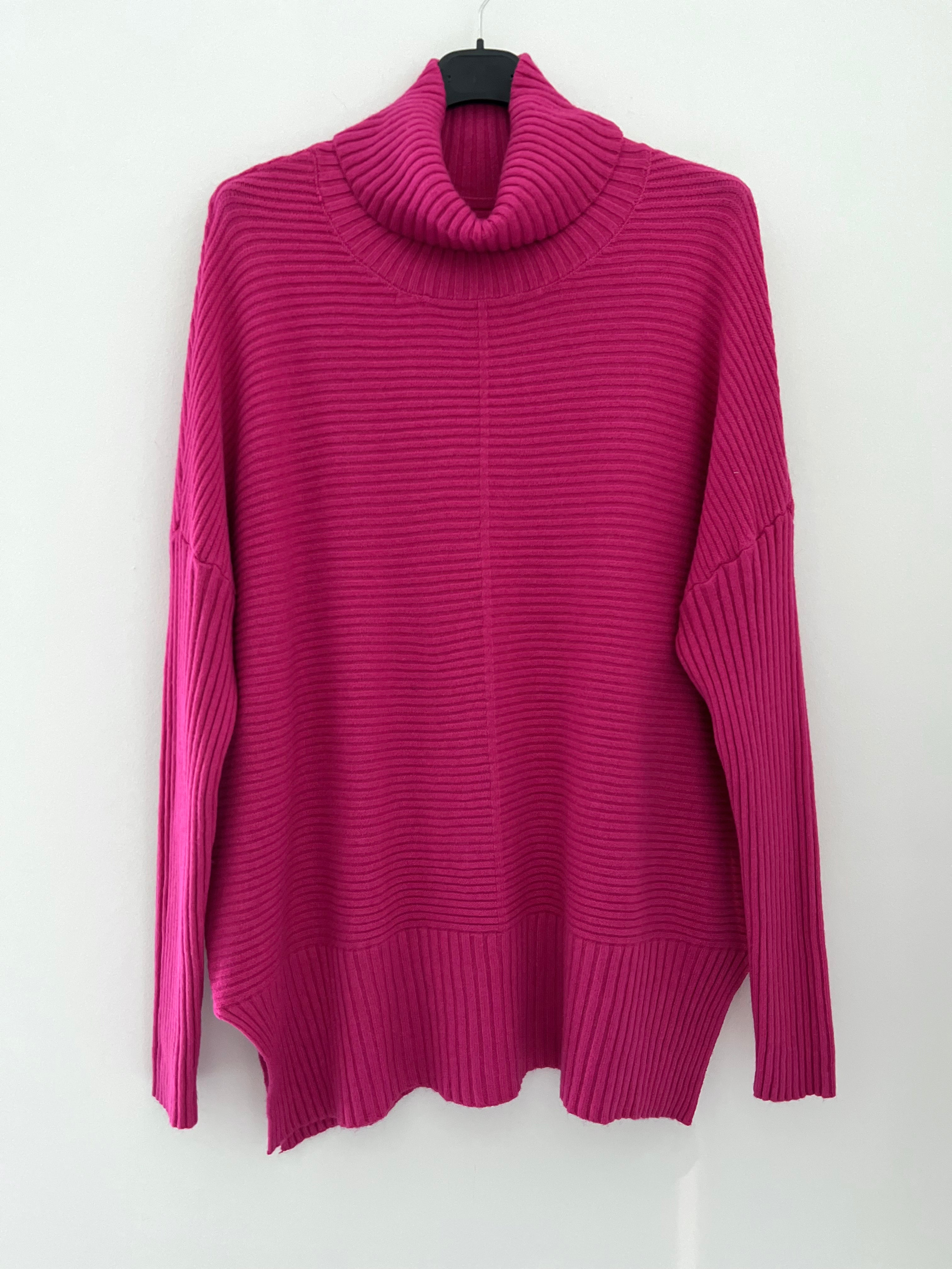 Ribbed Roll Neck Poncho Jumper in Fuchsia