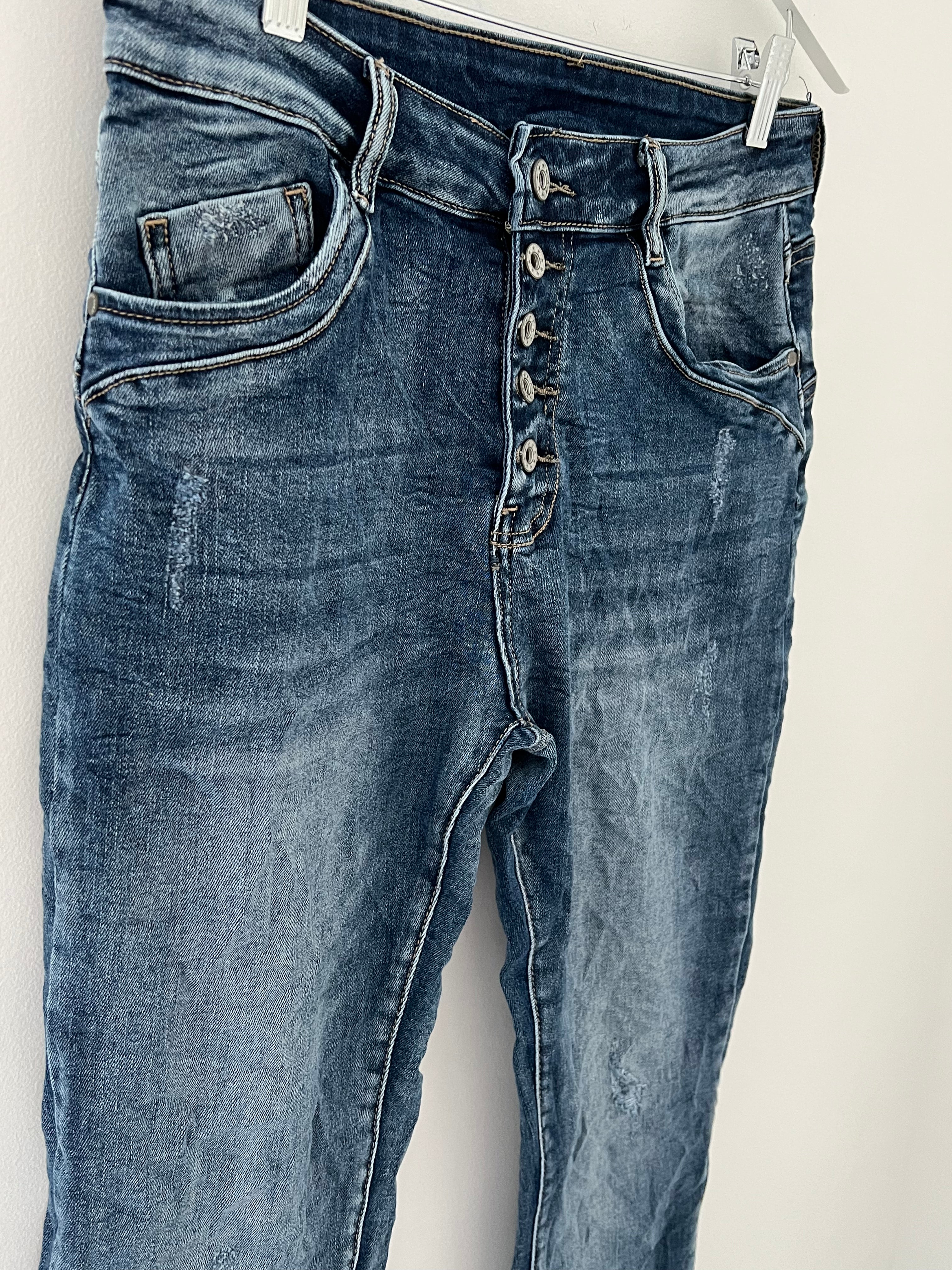 Button Fly Stretch Jeans in Mid Denim