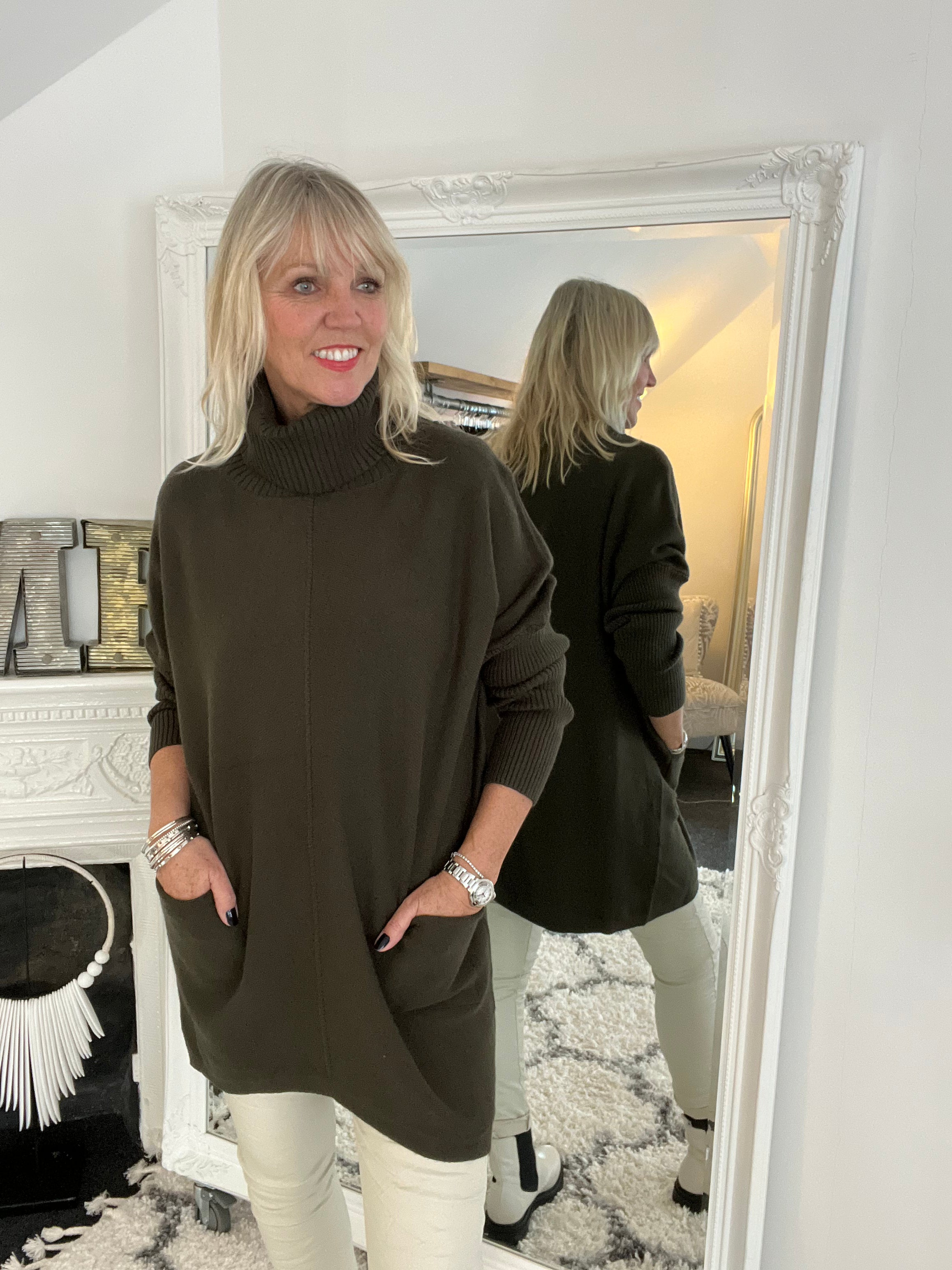 Roll Neck & Pocket Jumper in Dark Khaki