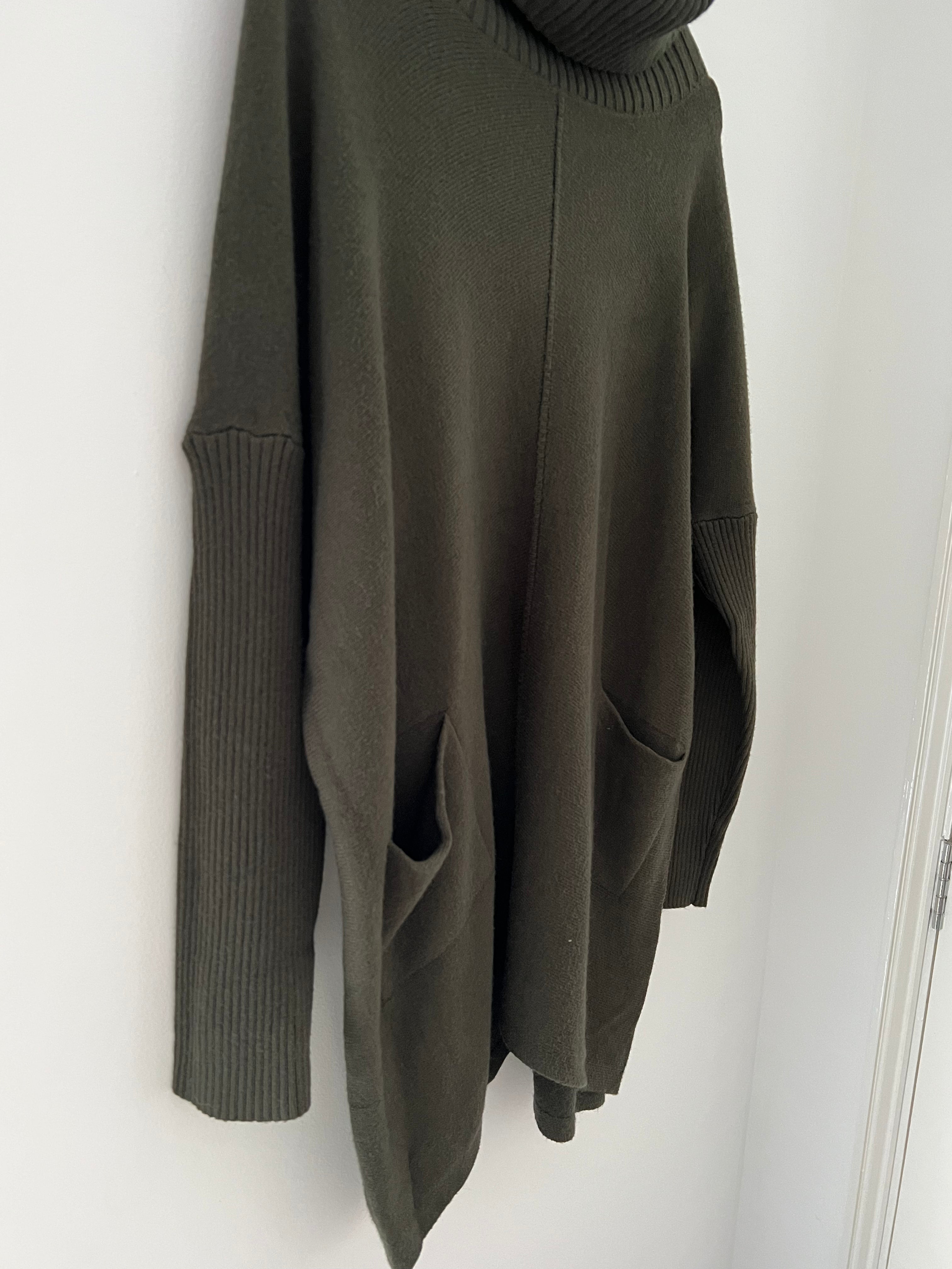 Roll Neck & Pocket Jumper in Dark Khaki