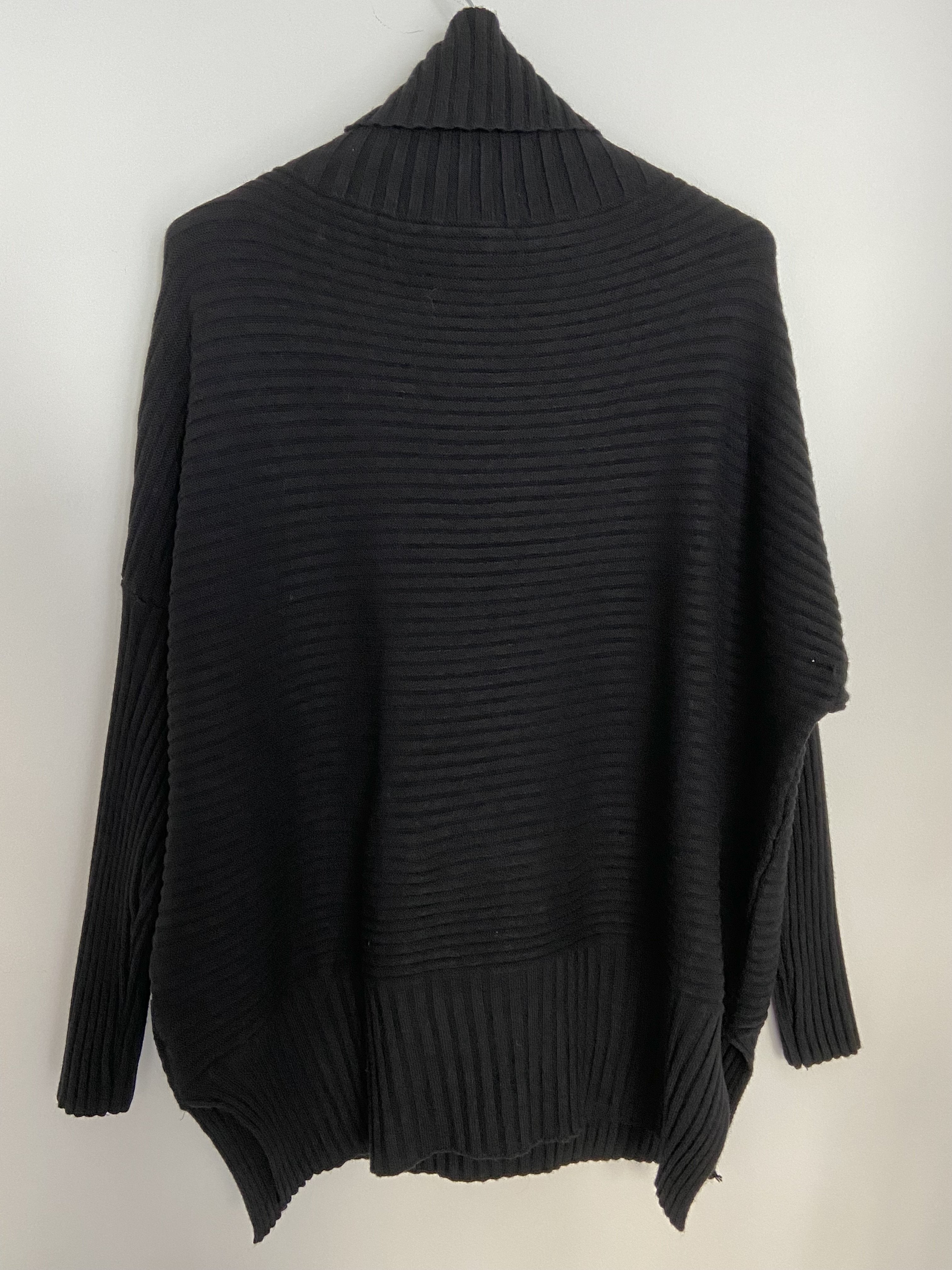 Ribbed Roll Neck Poncho Jumper In Black