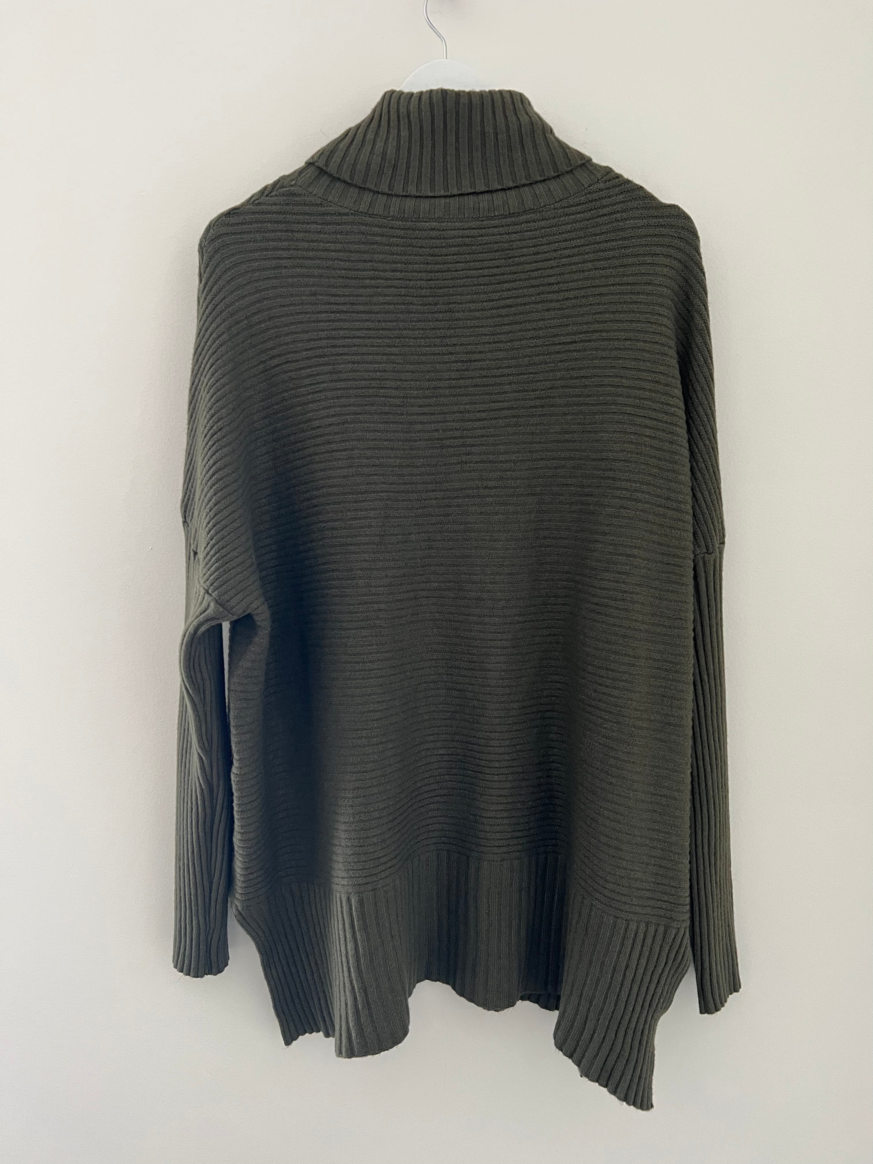 Ribbed Roll Neck Poncho Jumper in Khaki