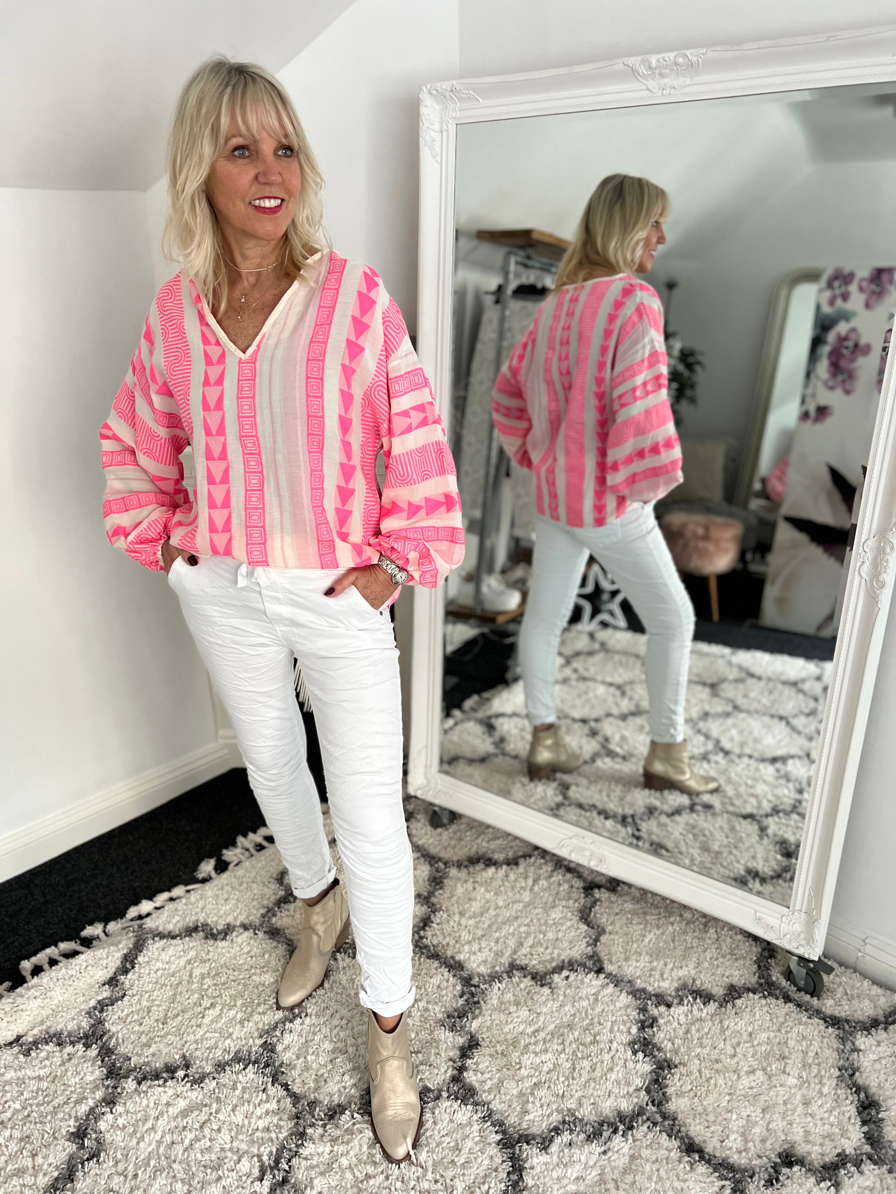 Embroidered Blouse in Pink & Ivory