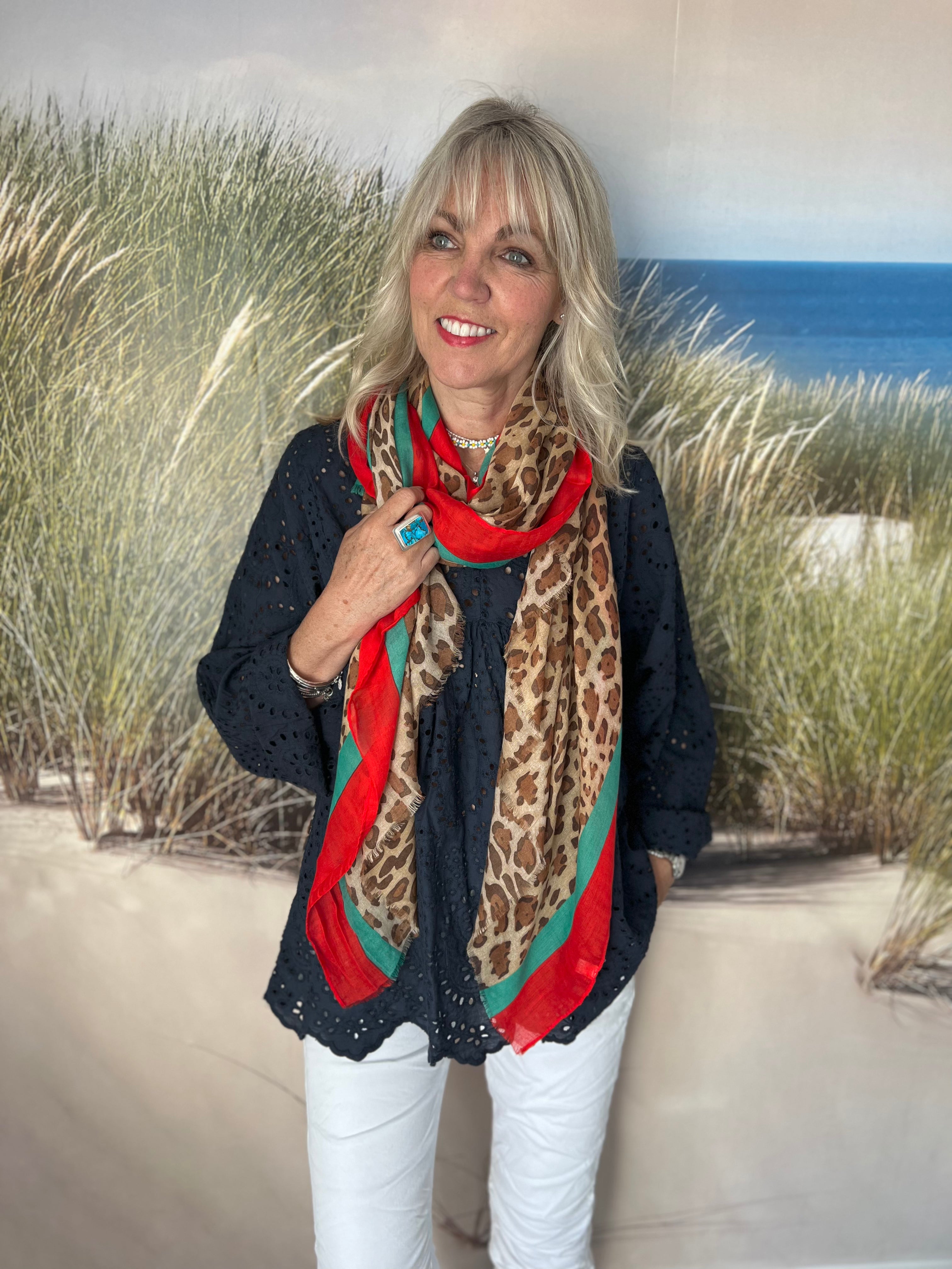 Leopard Print Scarf with Red Stripe