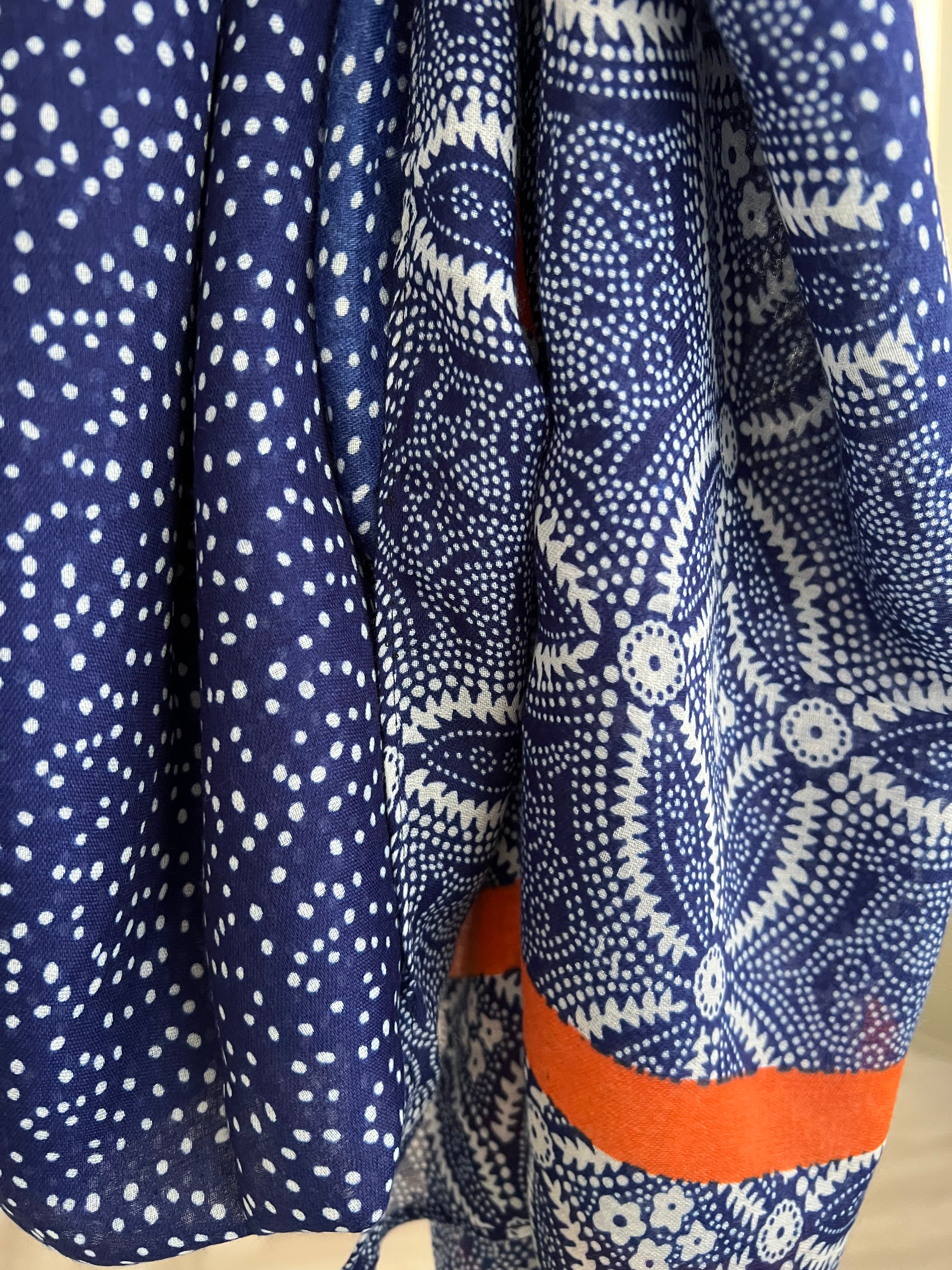 Batik Print Tassel Scarf in Orange & Blue