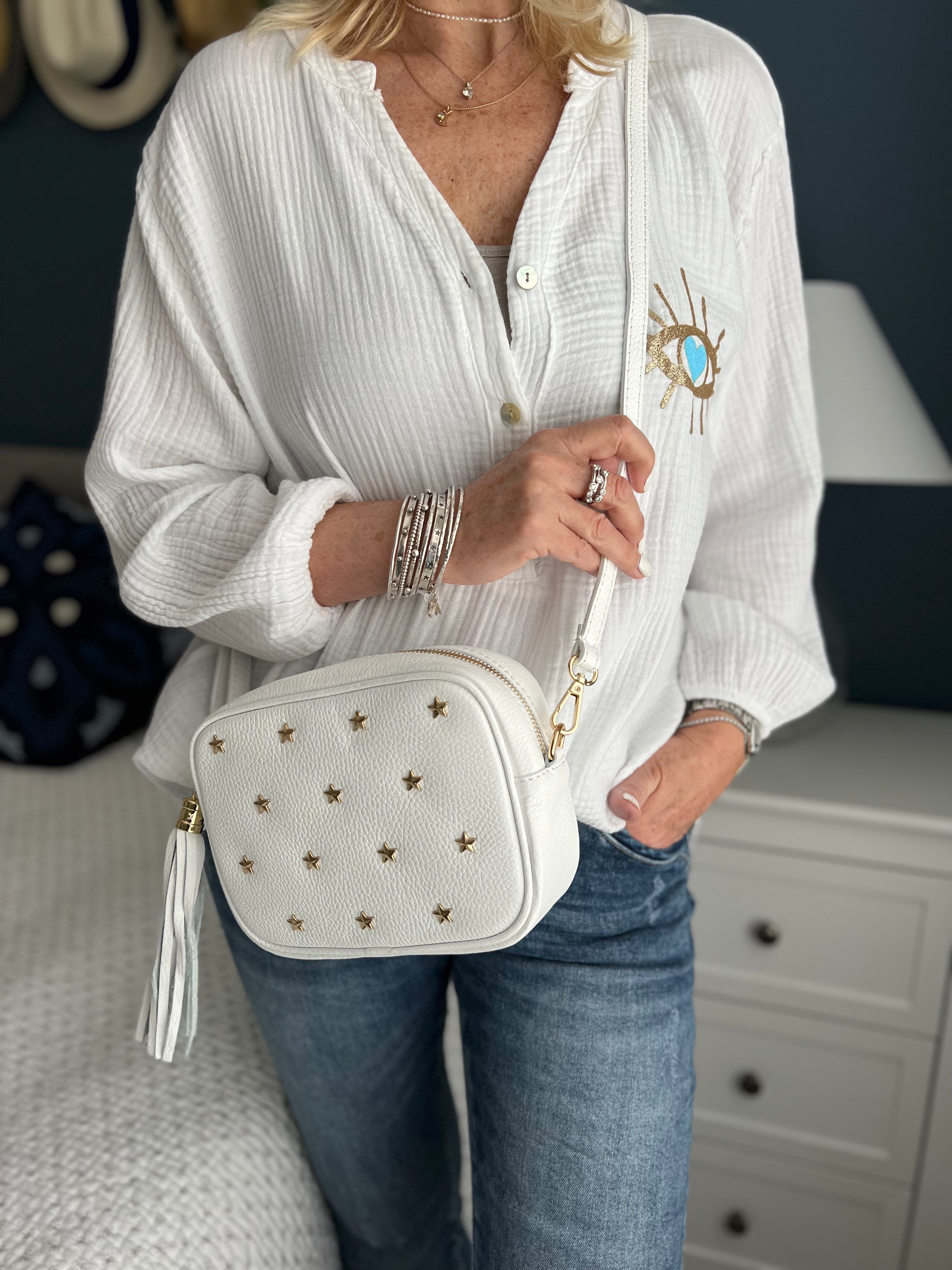 Leather Star Studded Crossbody Bag in White