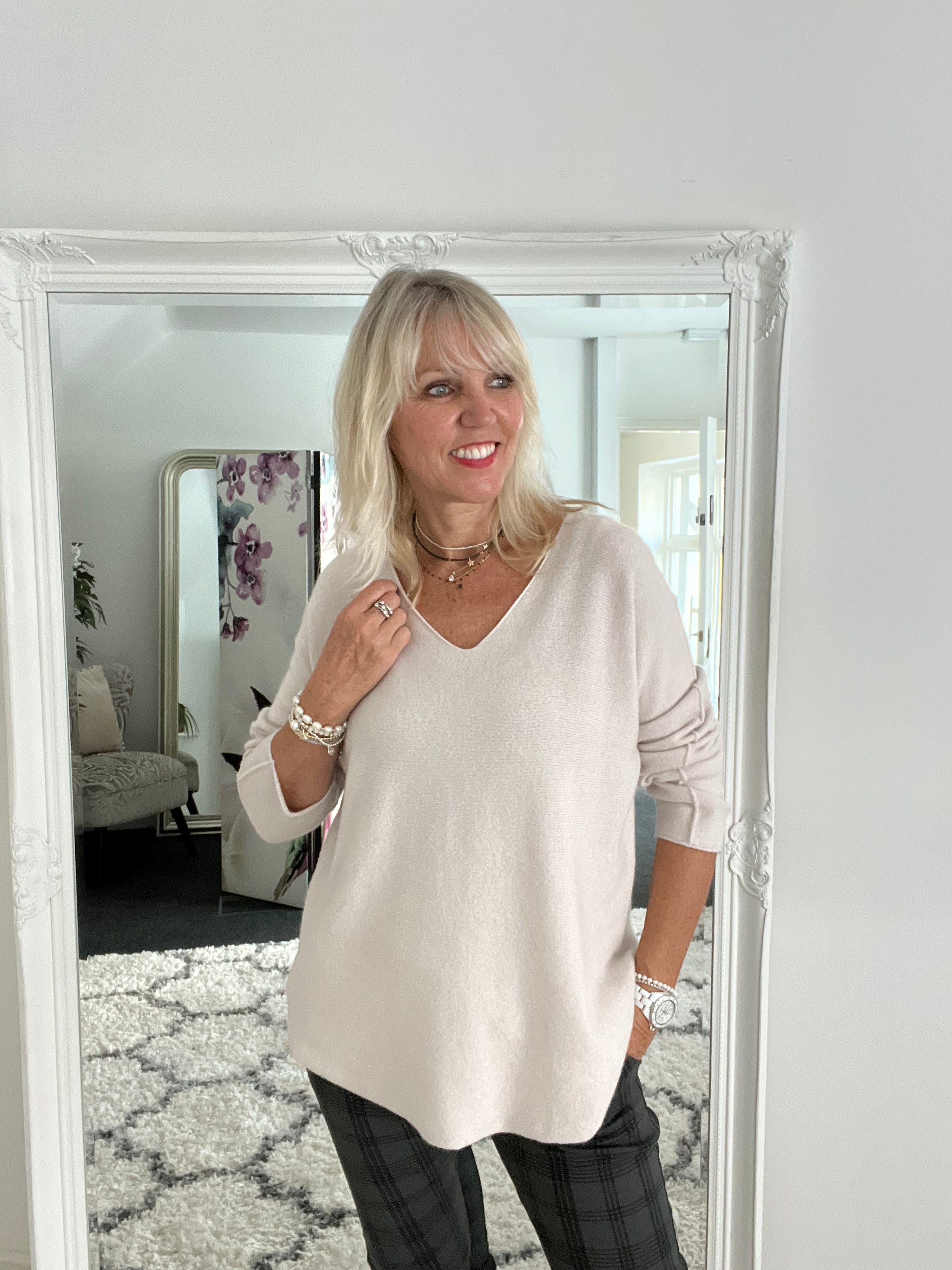 Simple V Neck Jumper in Stone