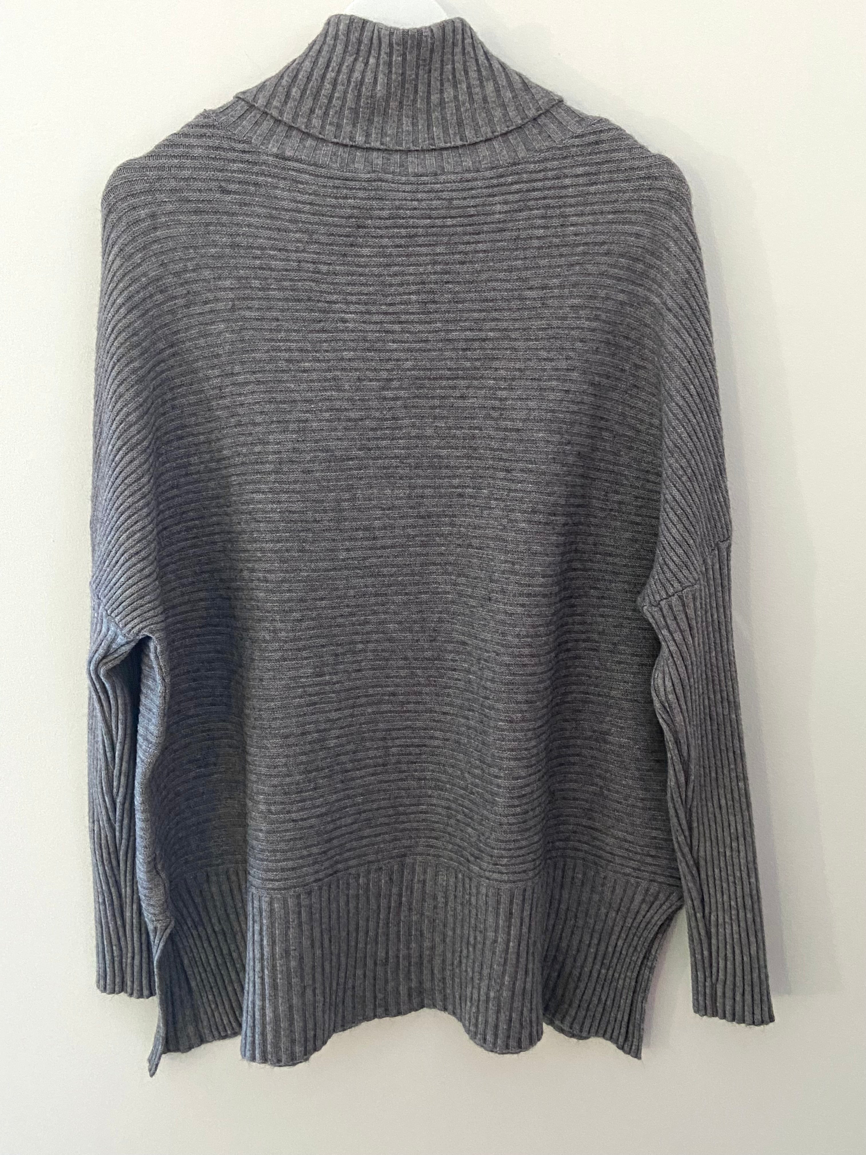 Ribbed Roll Neck Poncho Jumper In Grey