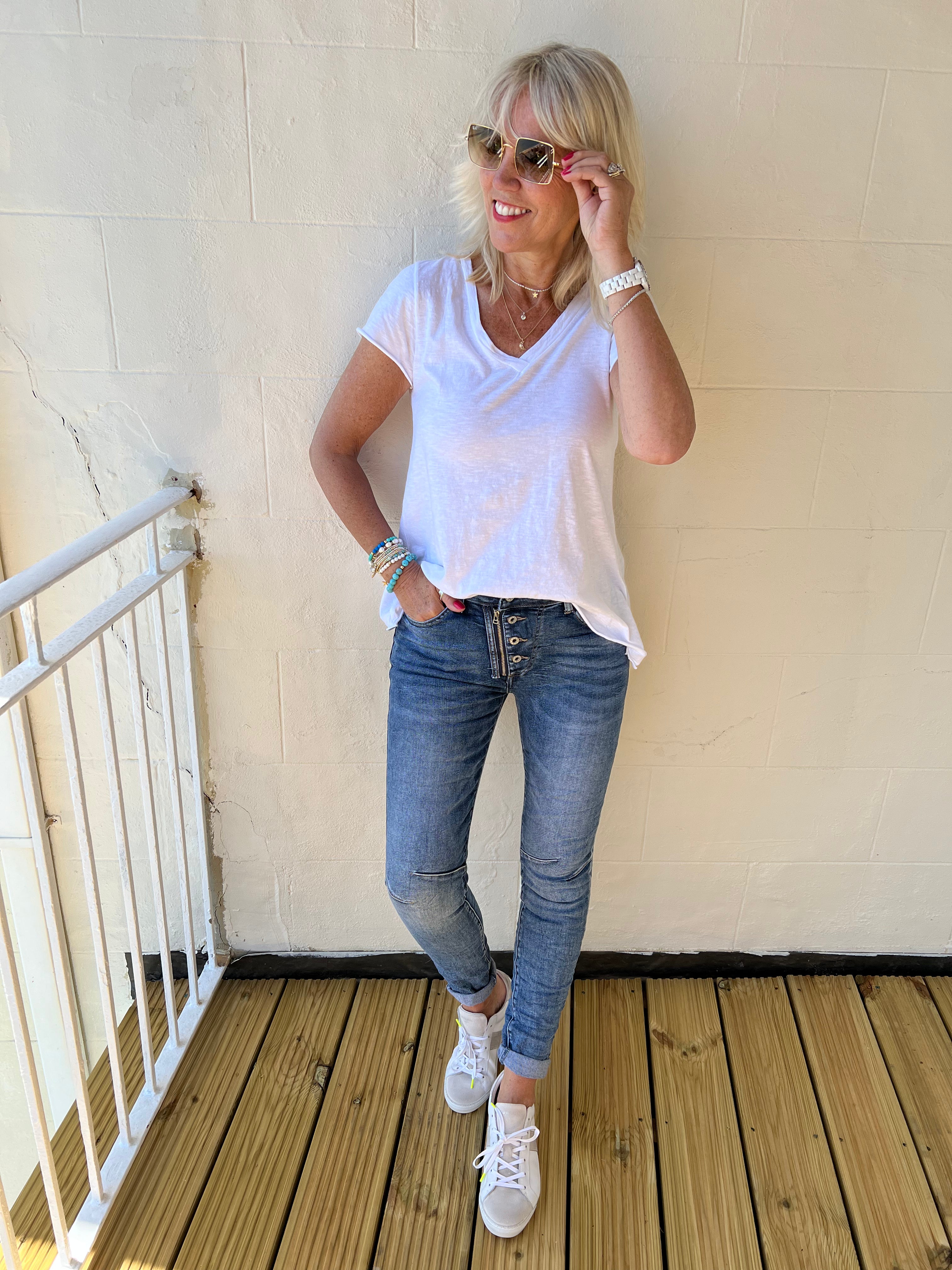 Button Zip Fly Stretch Jeans in Mid Denim