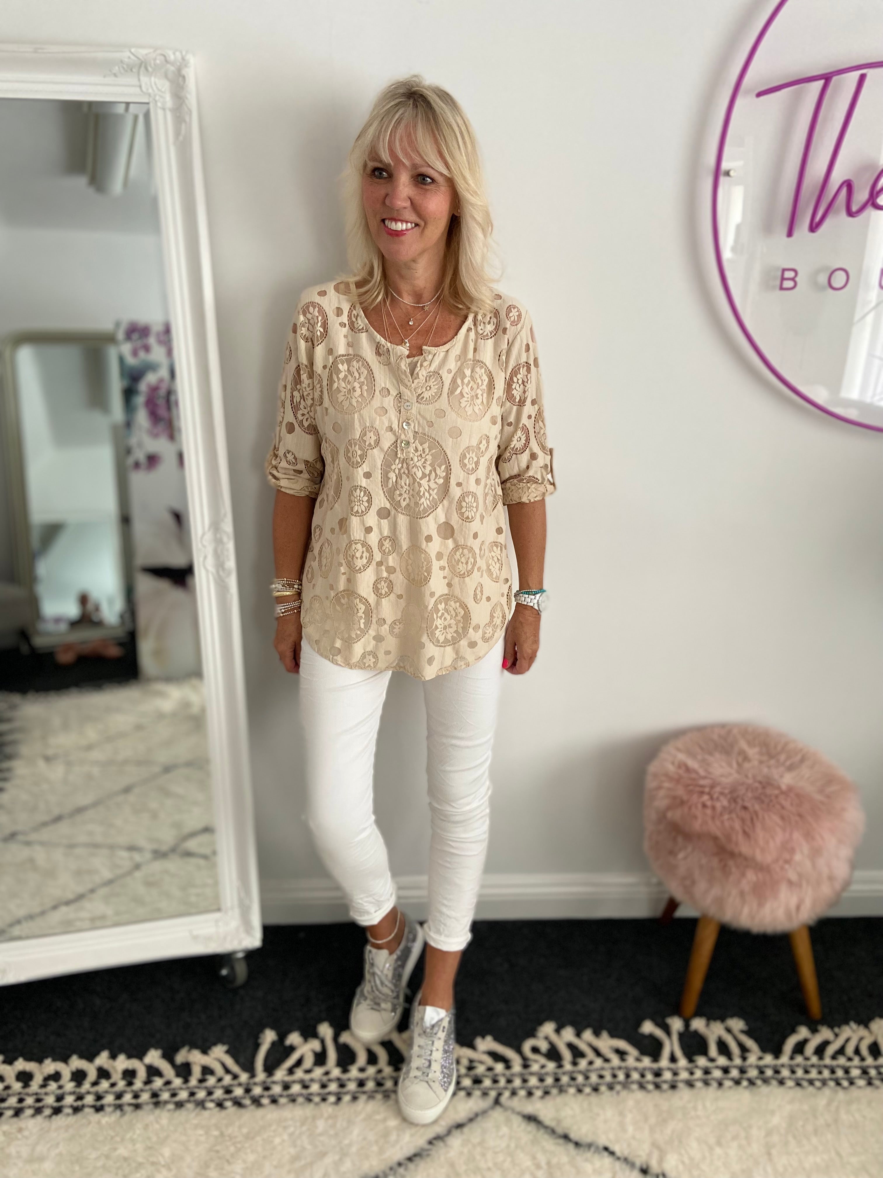 Lace Blouse & Camisole in Stone