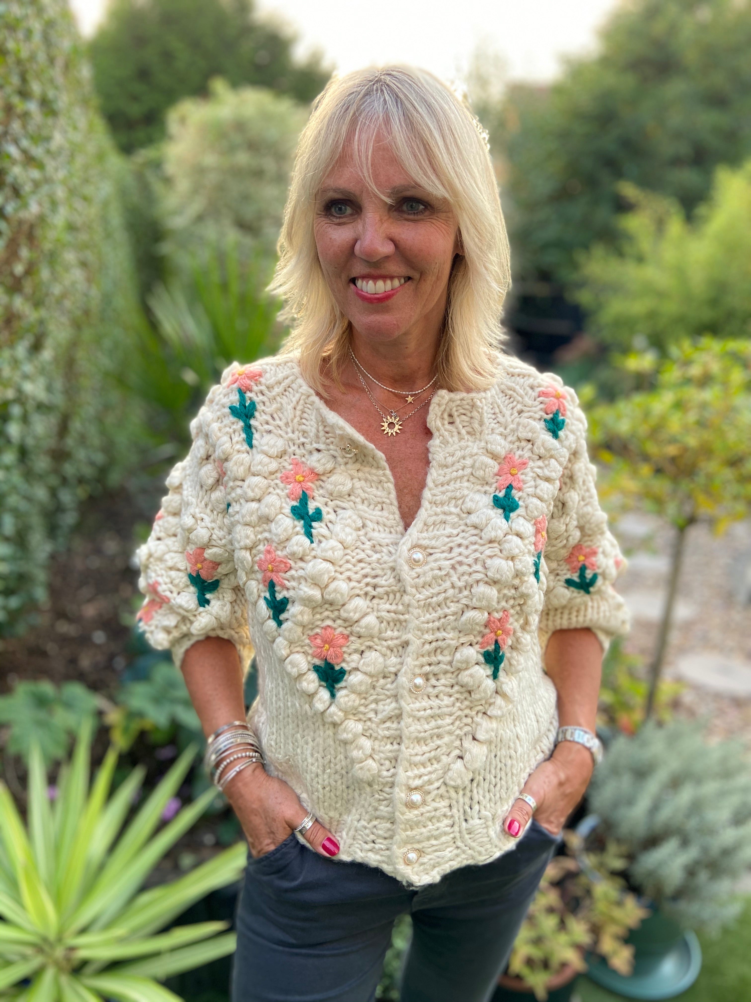 Hand Knitted Cardi with Embroidered Flowers