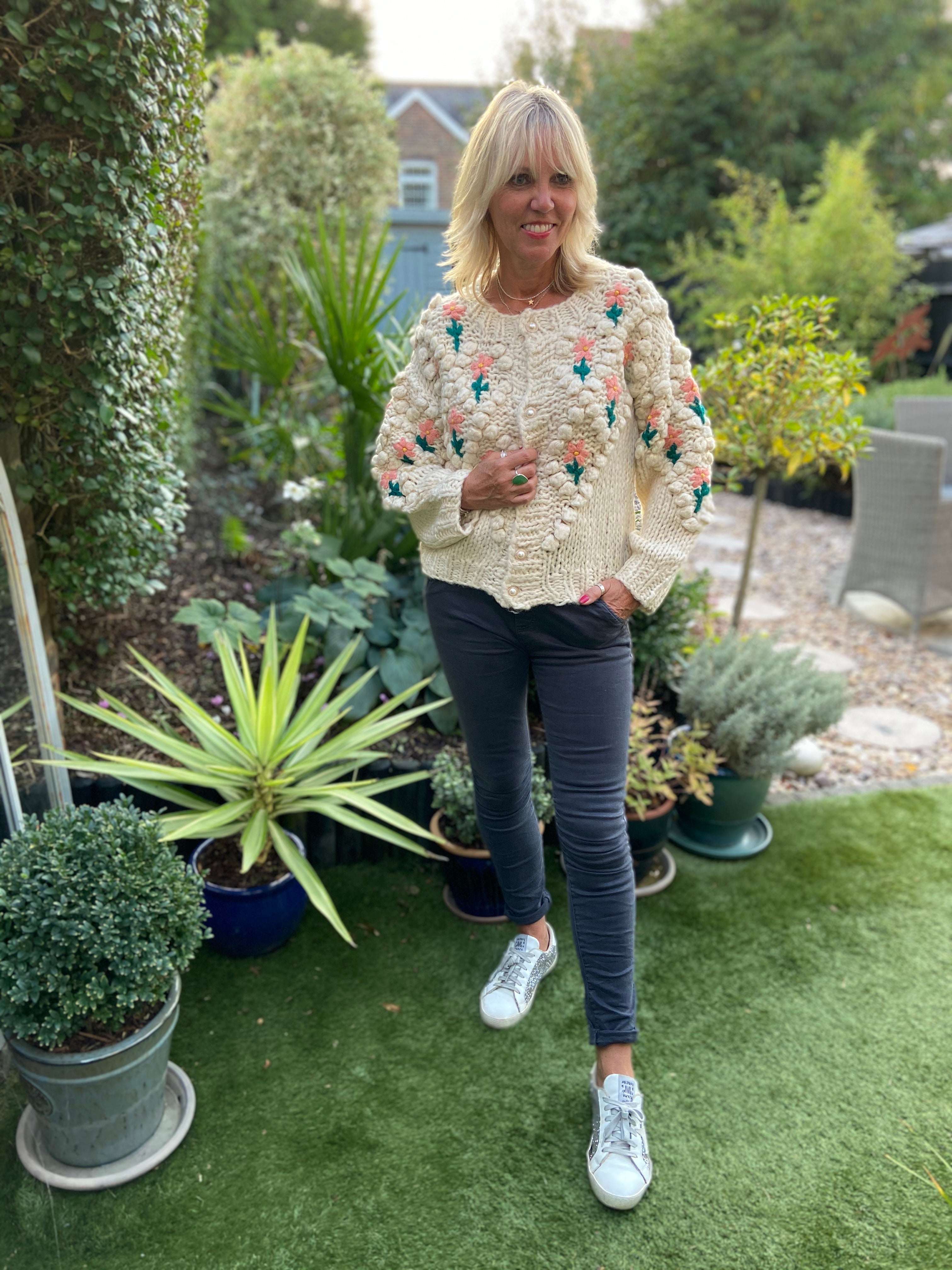 Hand Knitted Cardi with Embroidered Flowers