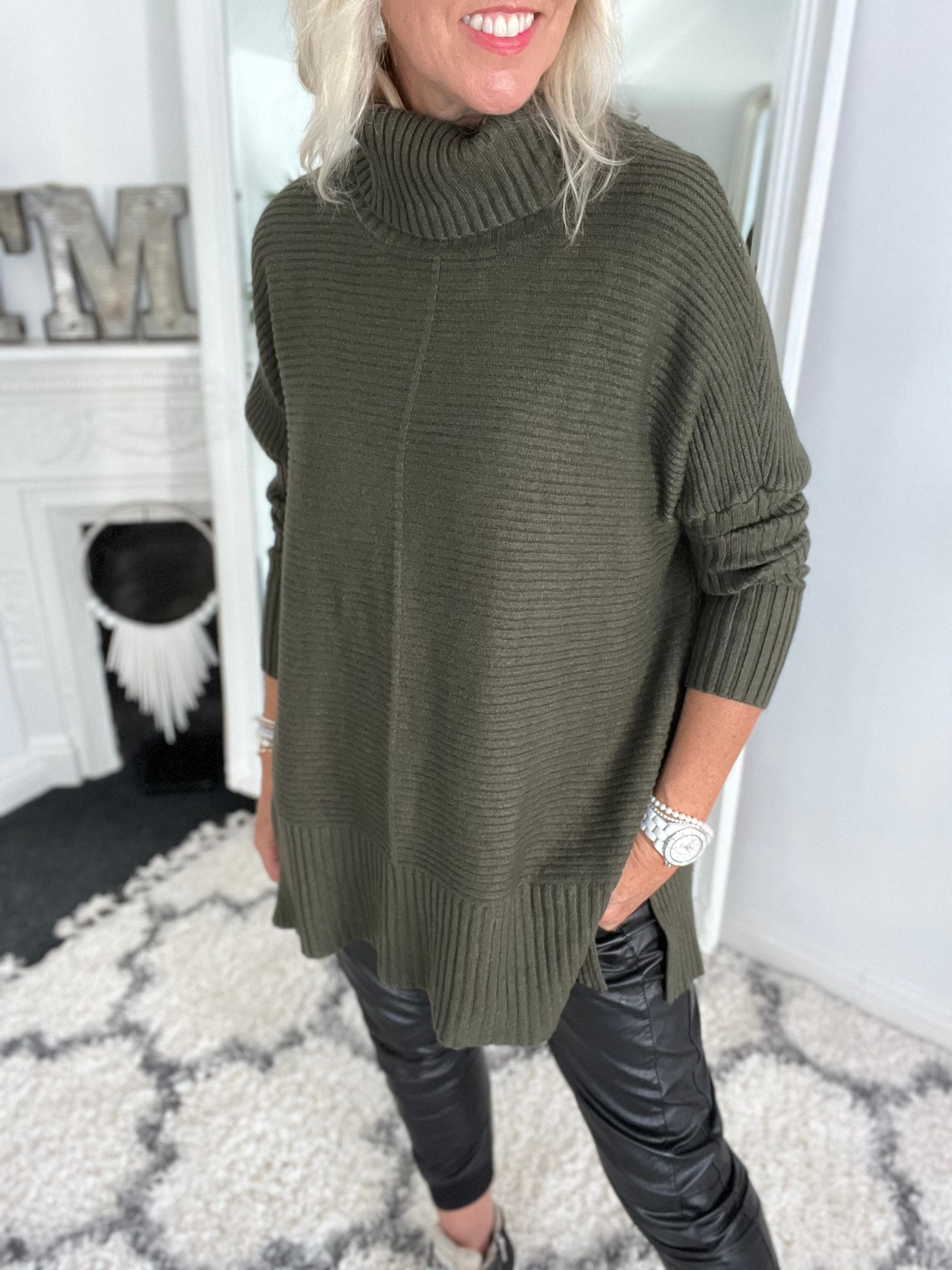 Ribbed Roll Neck Poncho Jumper in Khaki