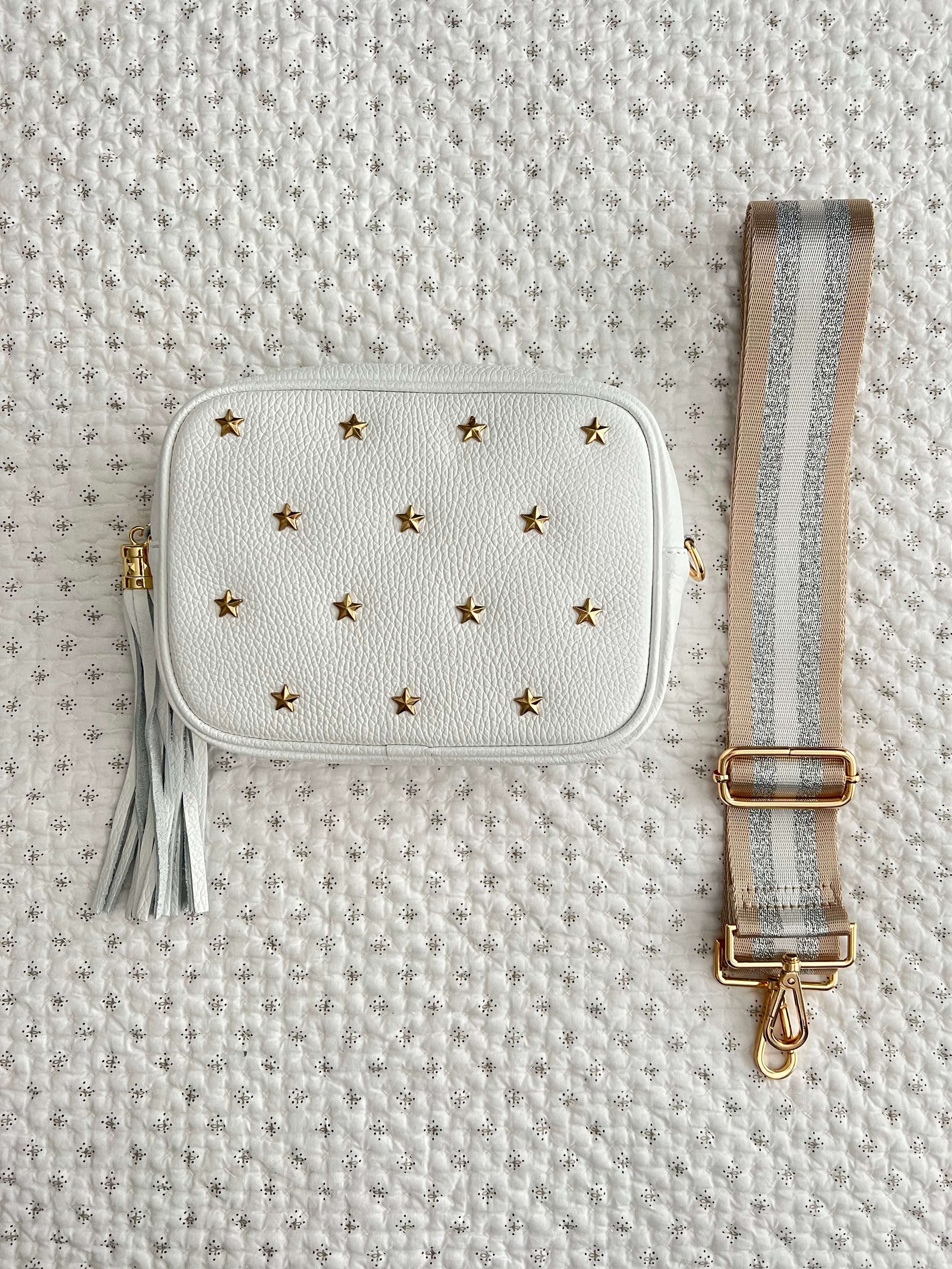 Leather Star Studded Crossbody Bag in White
