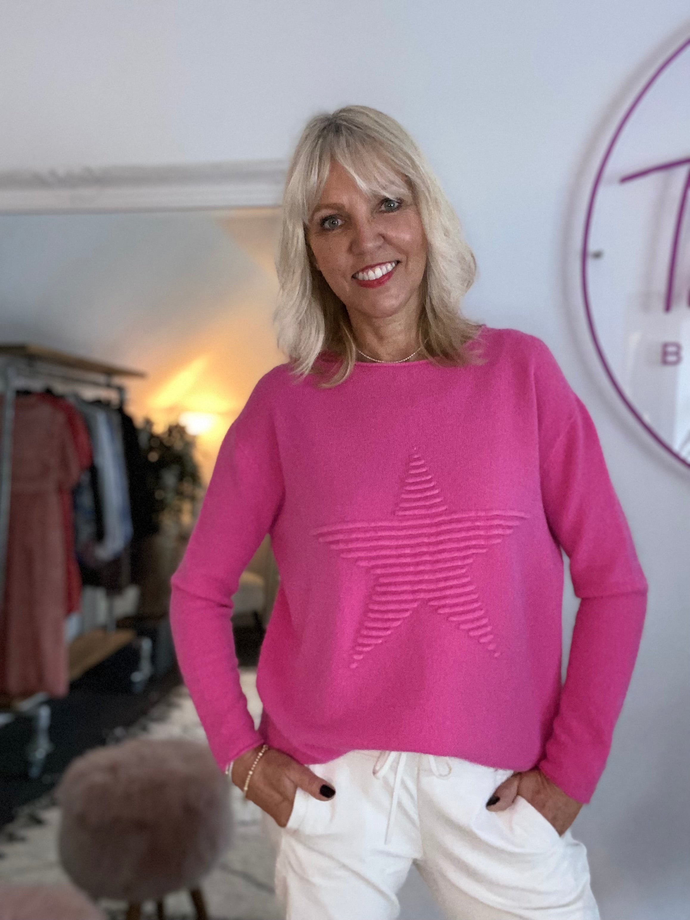 Ribbed Star Jumper in Bright Pink