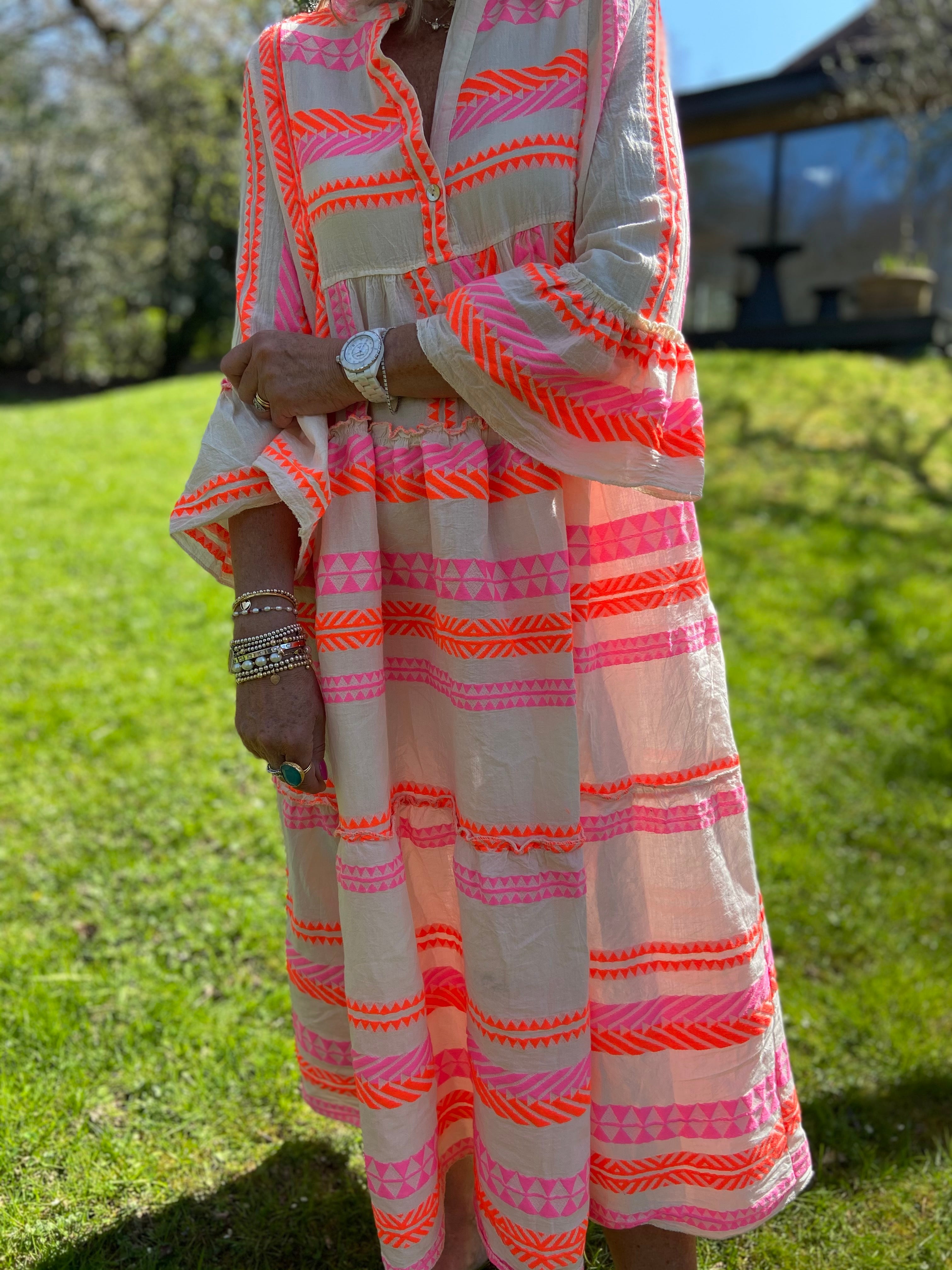 Embroidered Midi Dress in Pink & Orange