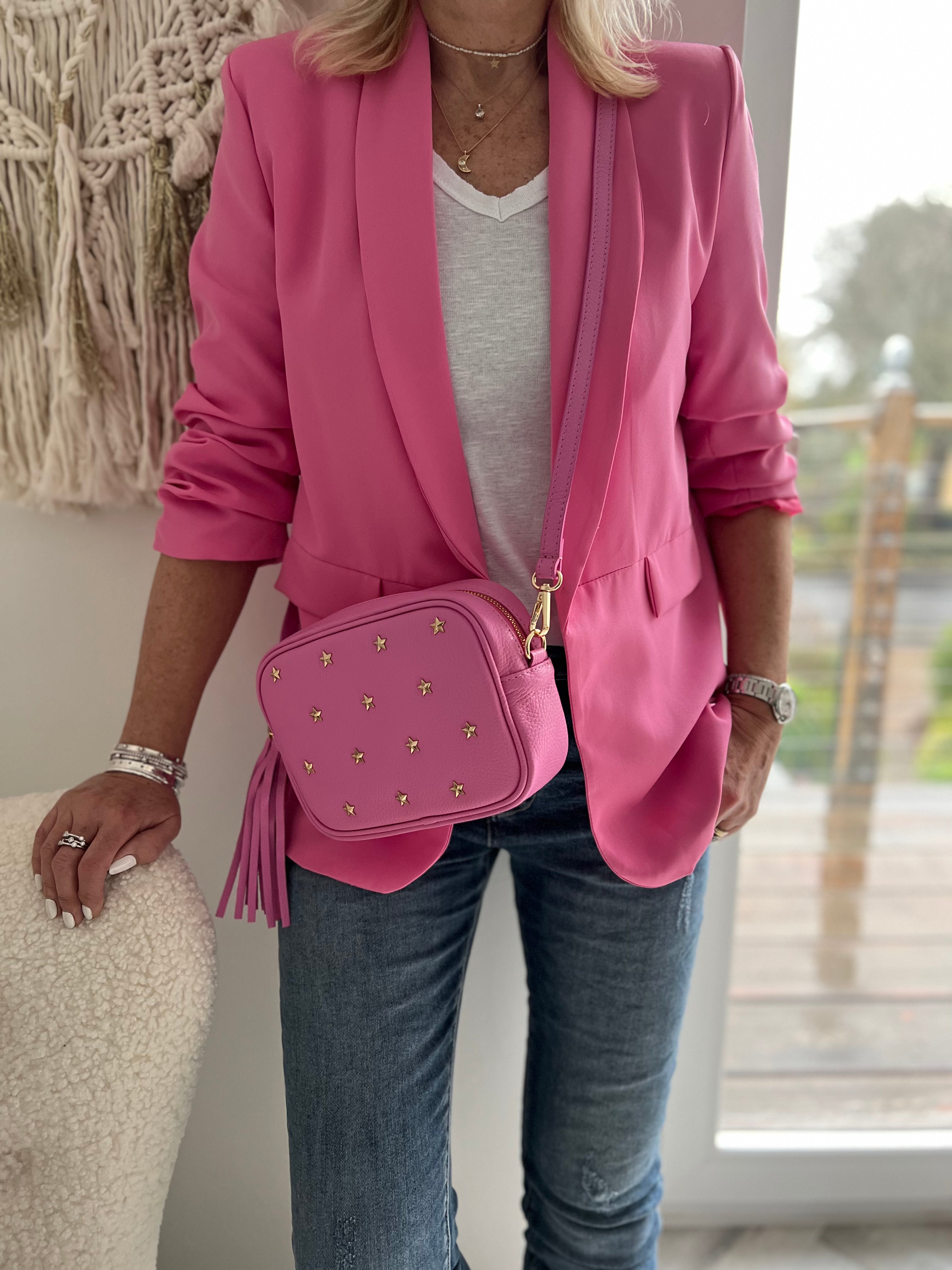 Leather Studded Crossbody Bag in Hot Pink