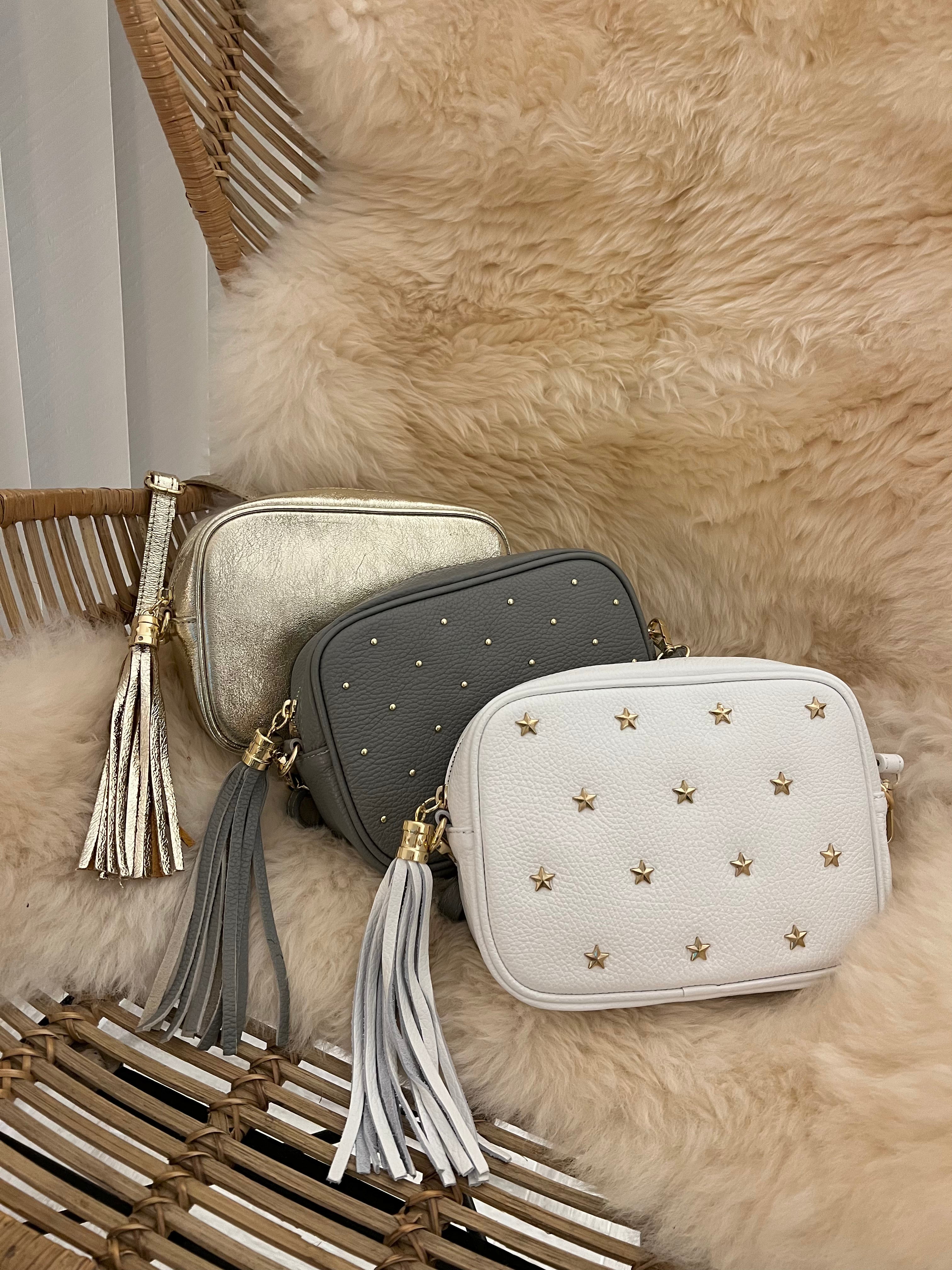 Leather Star Studded Crossbody Bag in White