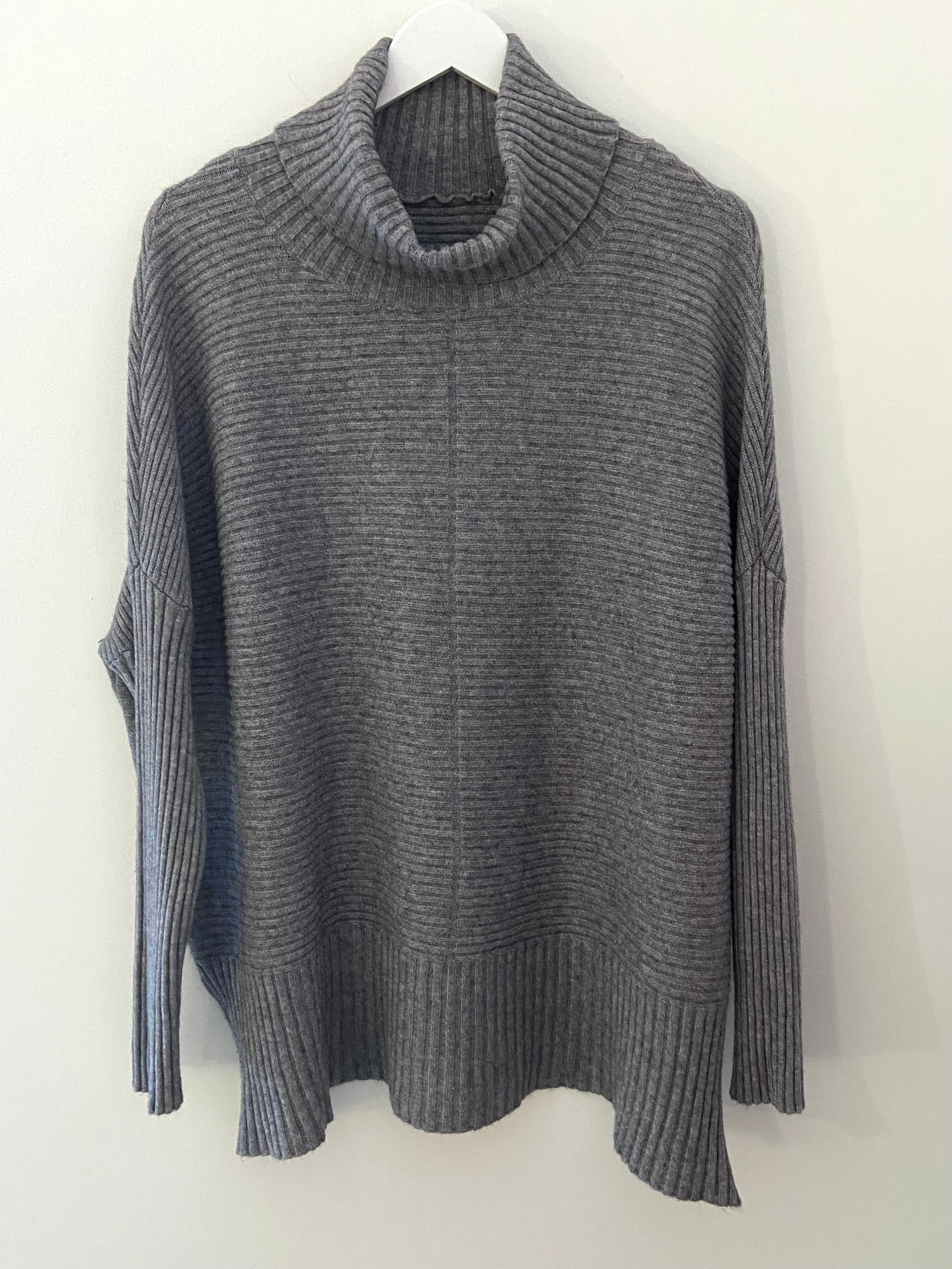 Ribbed Roll Neck Poncho Jumper In Grey