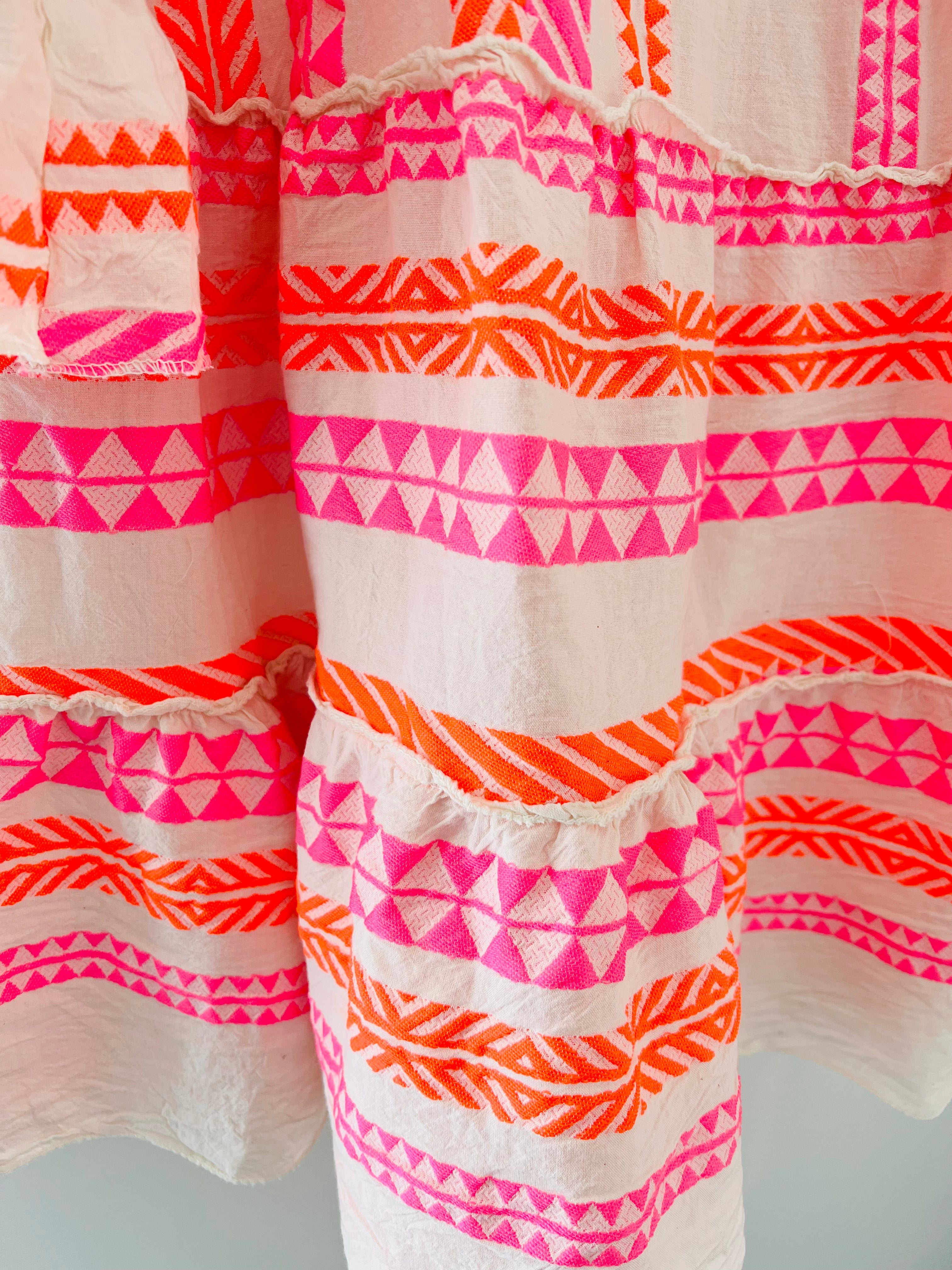 Embroidered Knee Length Dress in Pink & Orange