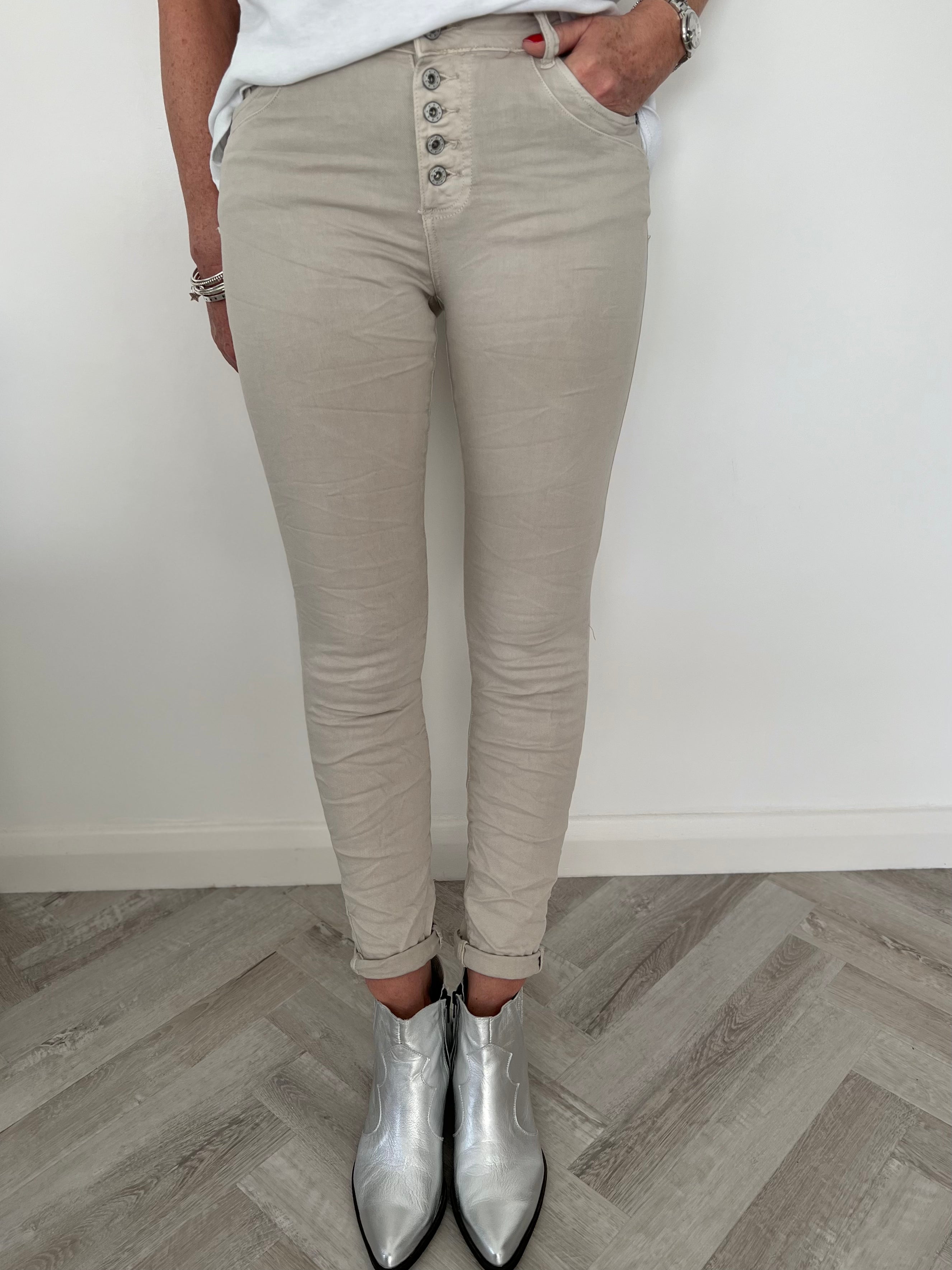 Button Fly Stretch Jeans in Stone