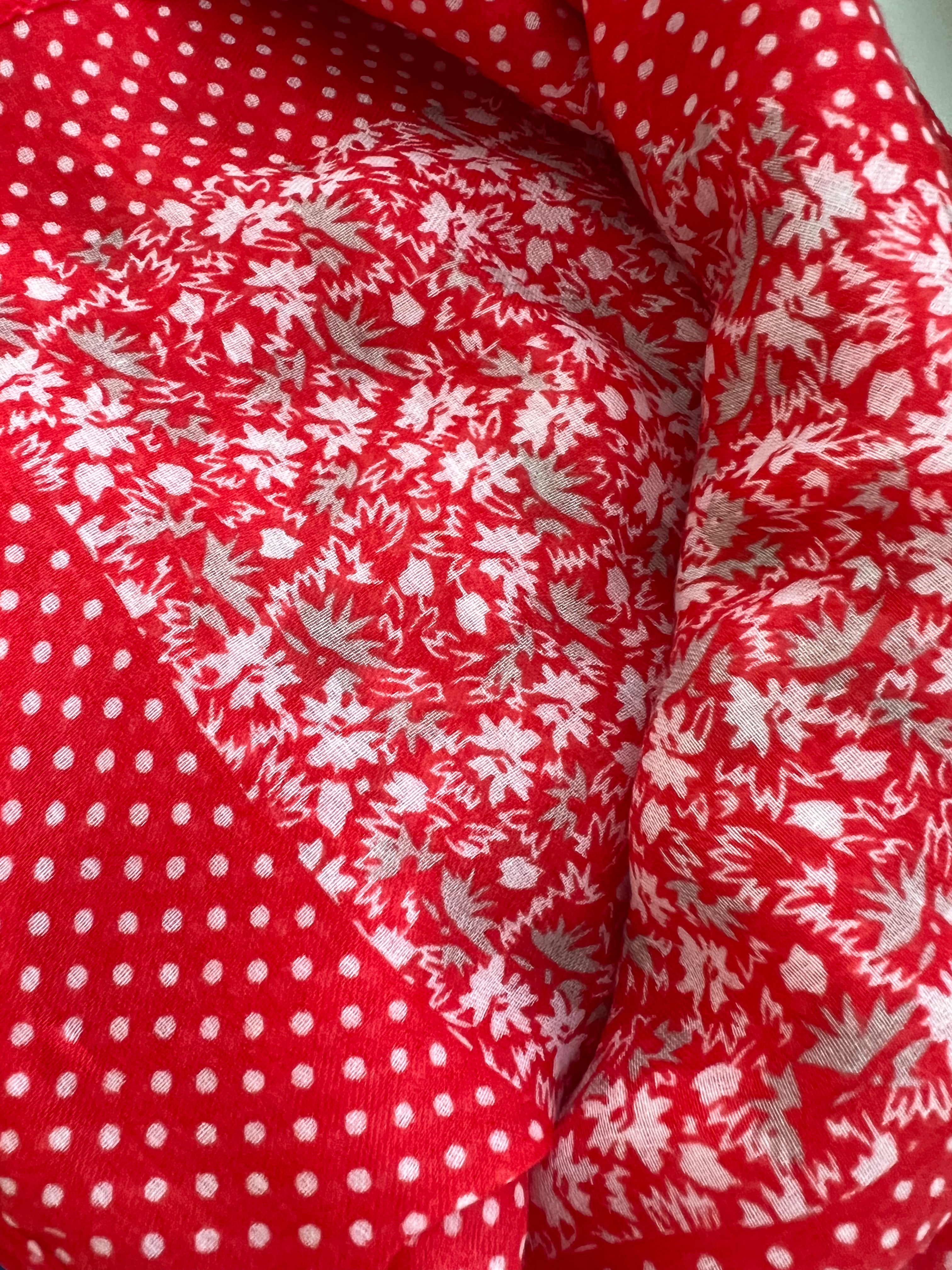 Dot & Floral Print Scarf in Red & Ivory